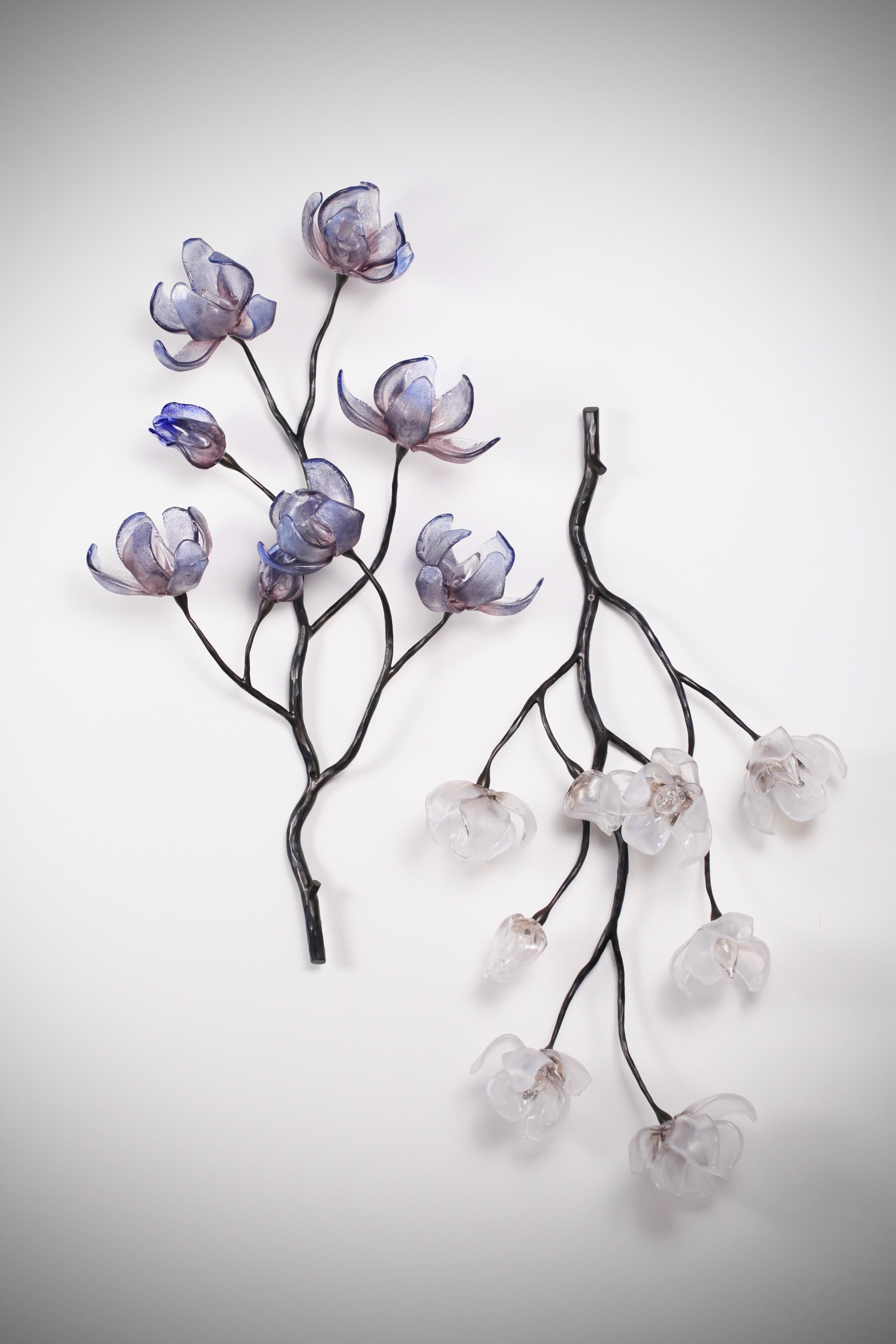 American Branching Magnolia Wall Sculpture Blown Glass & Forged Steel by Elizabeth Lyons For Sale