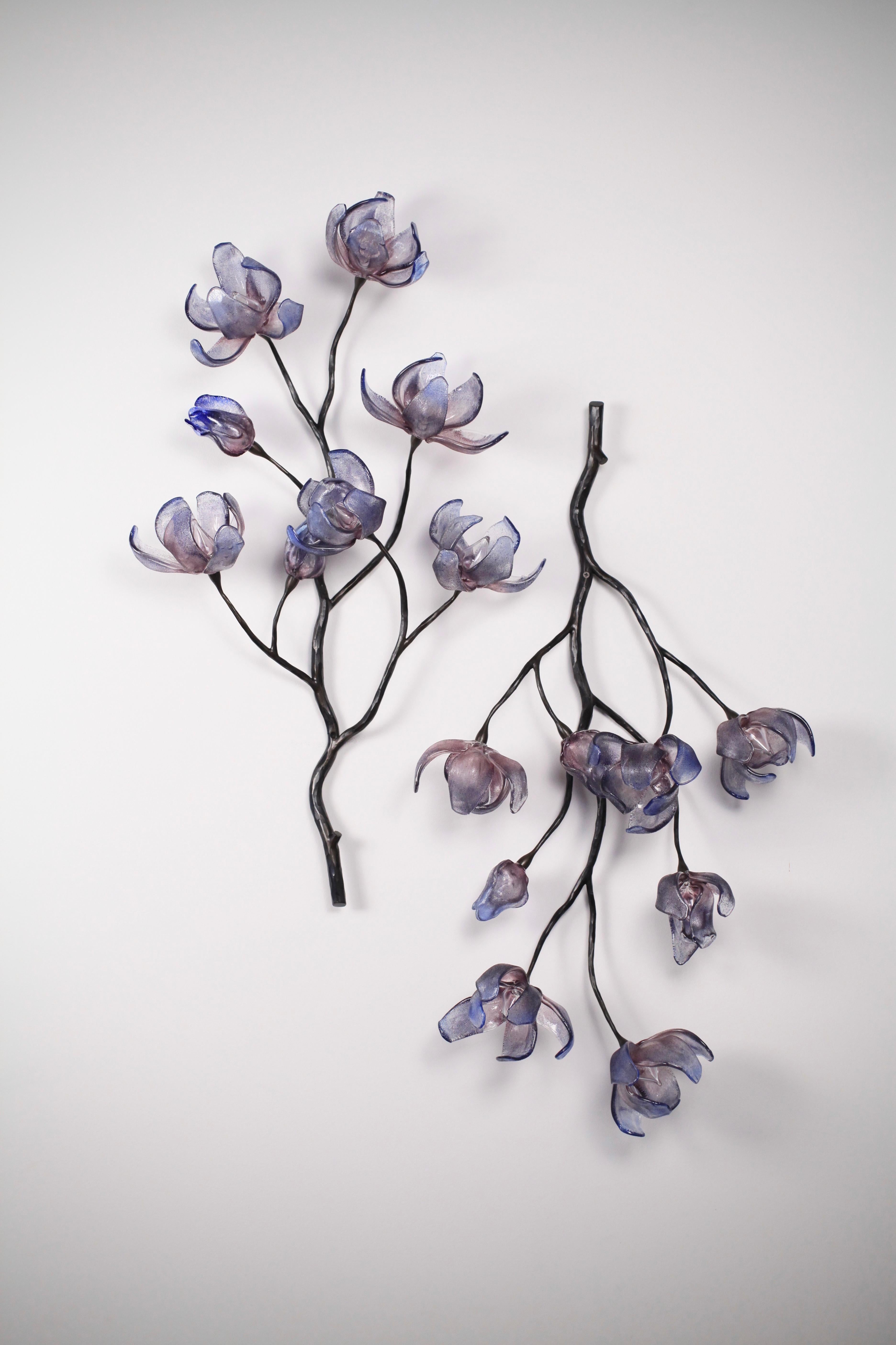 Hand-Crafted Branching Magnolia Wall Sculpture Blown Glass & Forged Steel by Elizabeth Lyons For Sale