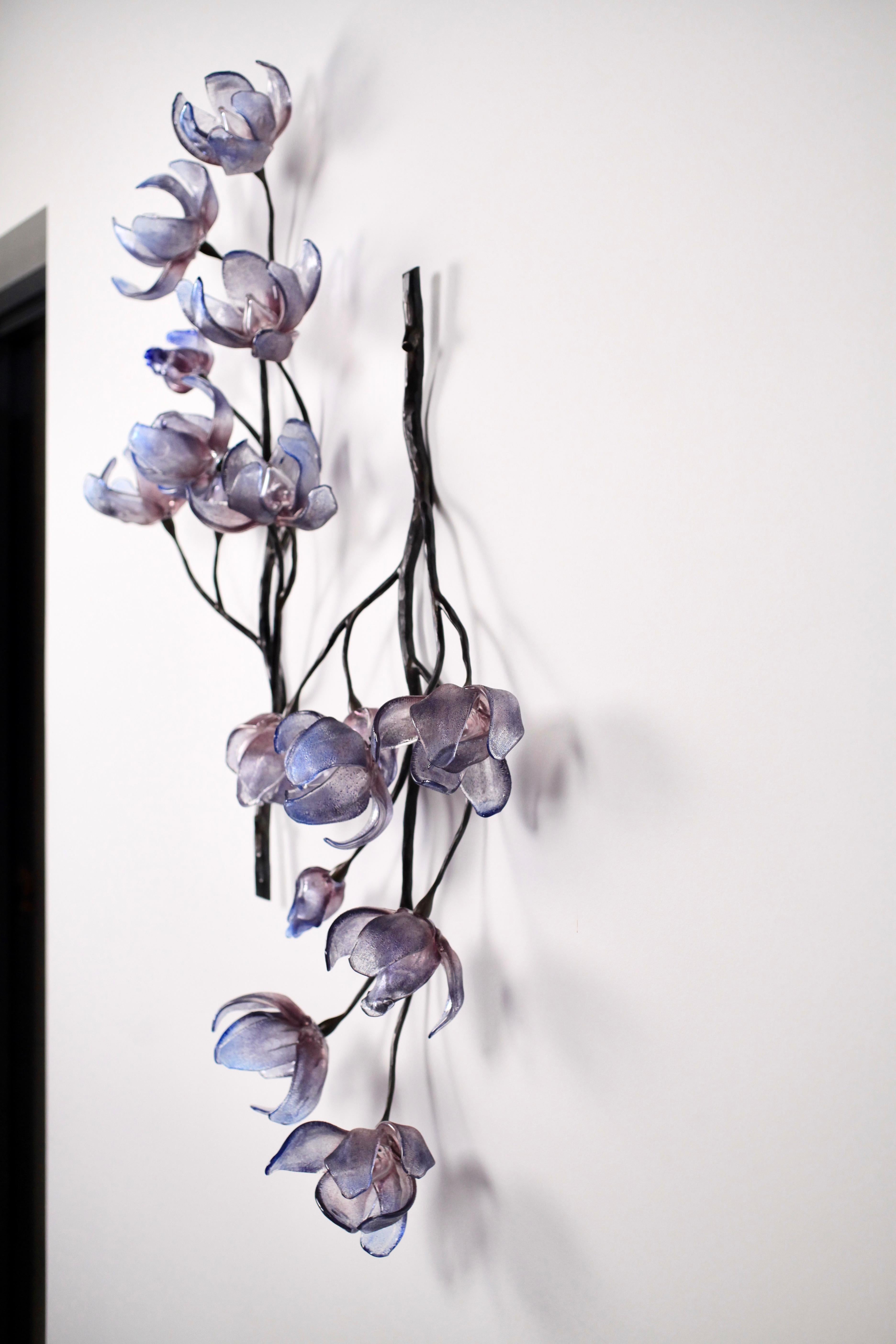 Branching Magnolia Wall Sculpture Blown Glass & Forged Steel by Elizabeth Lyons In New Condition For Sale In Rochester, NY