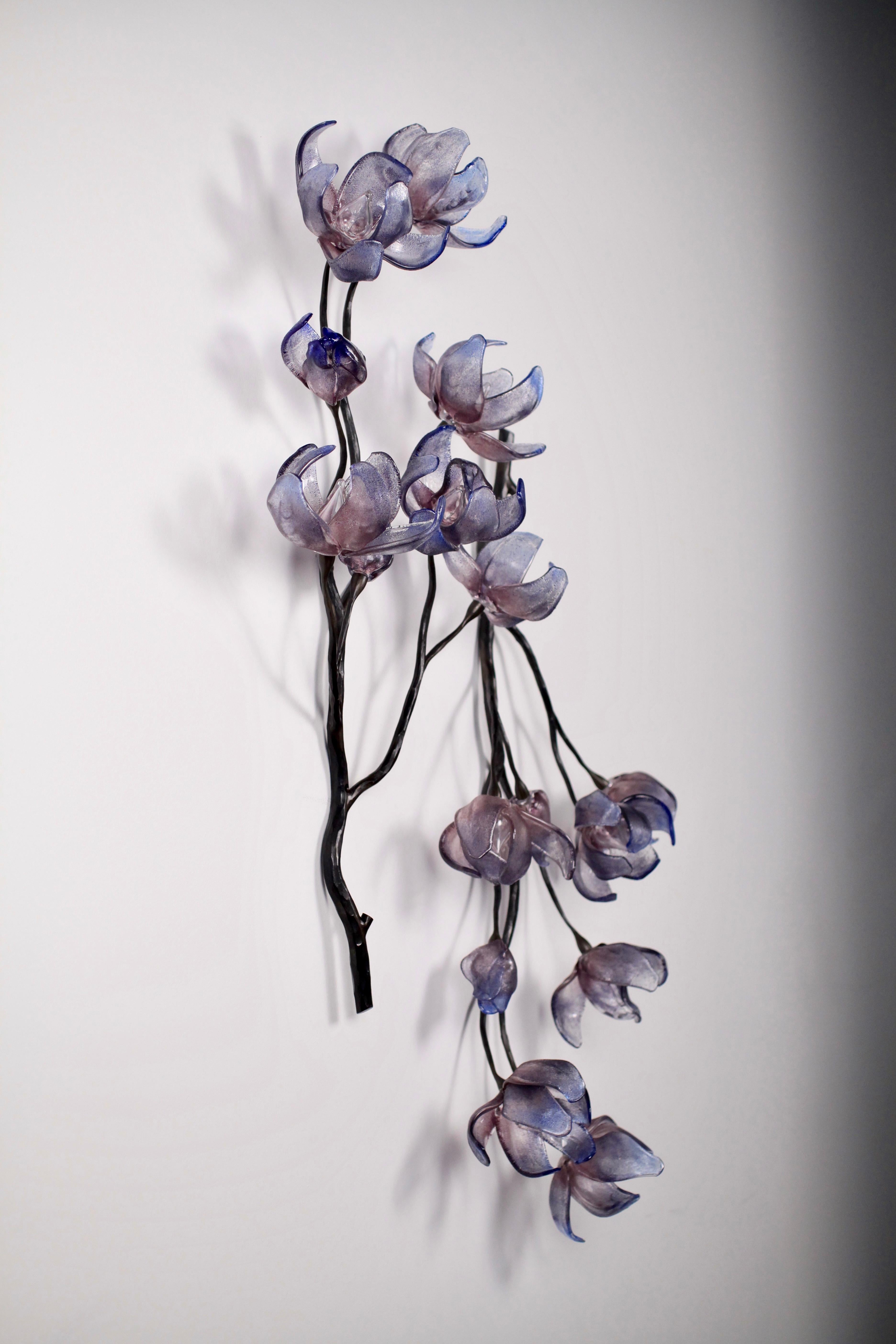 Contemporary Branching Magnolia Wall Sculpture Blown Glass & Forged Steel by Elizabeth Lyons For Sale