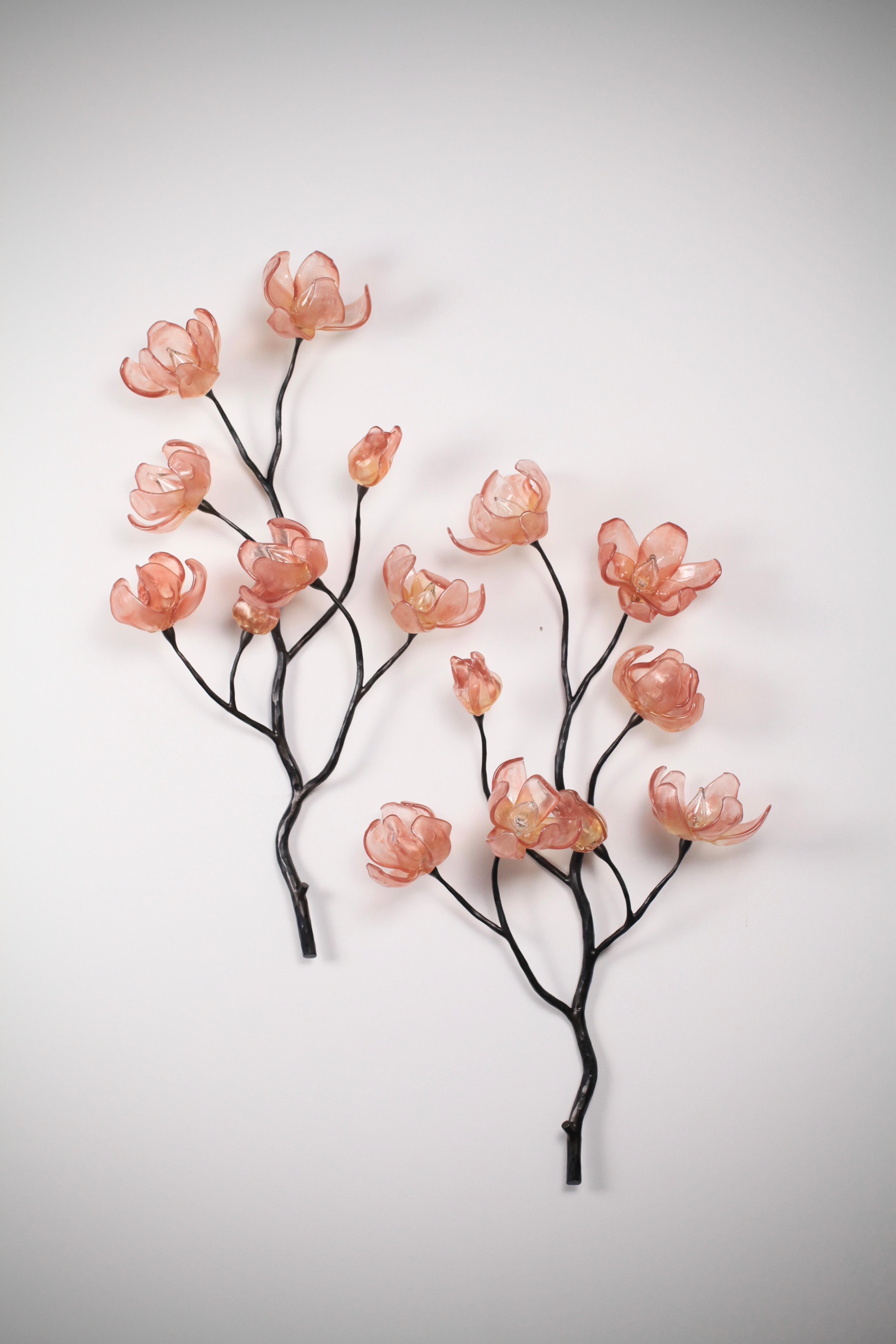 Metal Branching Magnolia Wall Sculpture Blown Glass & Forged Steel by Elizabeth Lyons For Sale