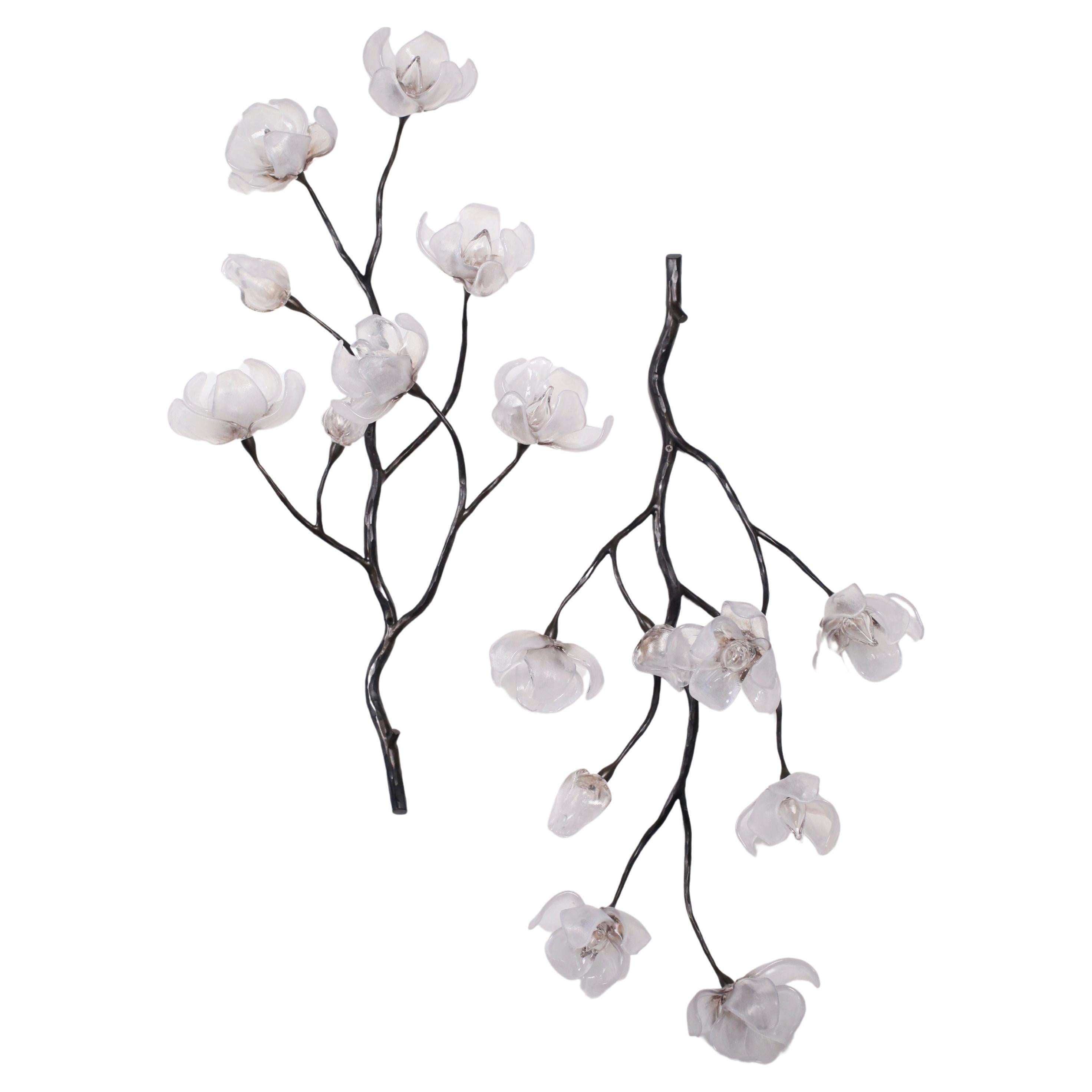 Branching Magnolia Wall Sculpture Blown Glass & Forged Steel by Elizabeth Lyons For Sale