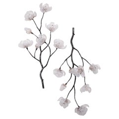 Branching Magnolia Wall Sculpture Blown Glass & Forged Steel by Elizabeth Lyons