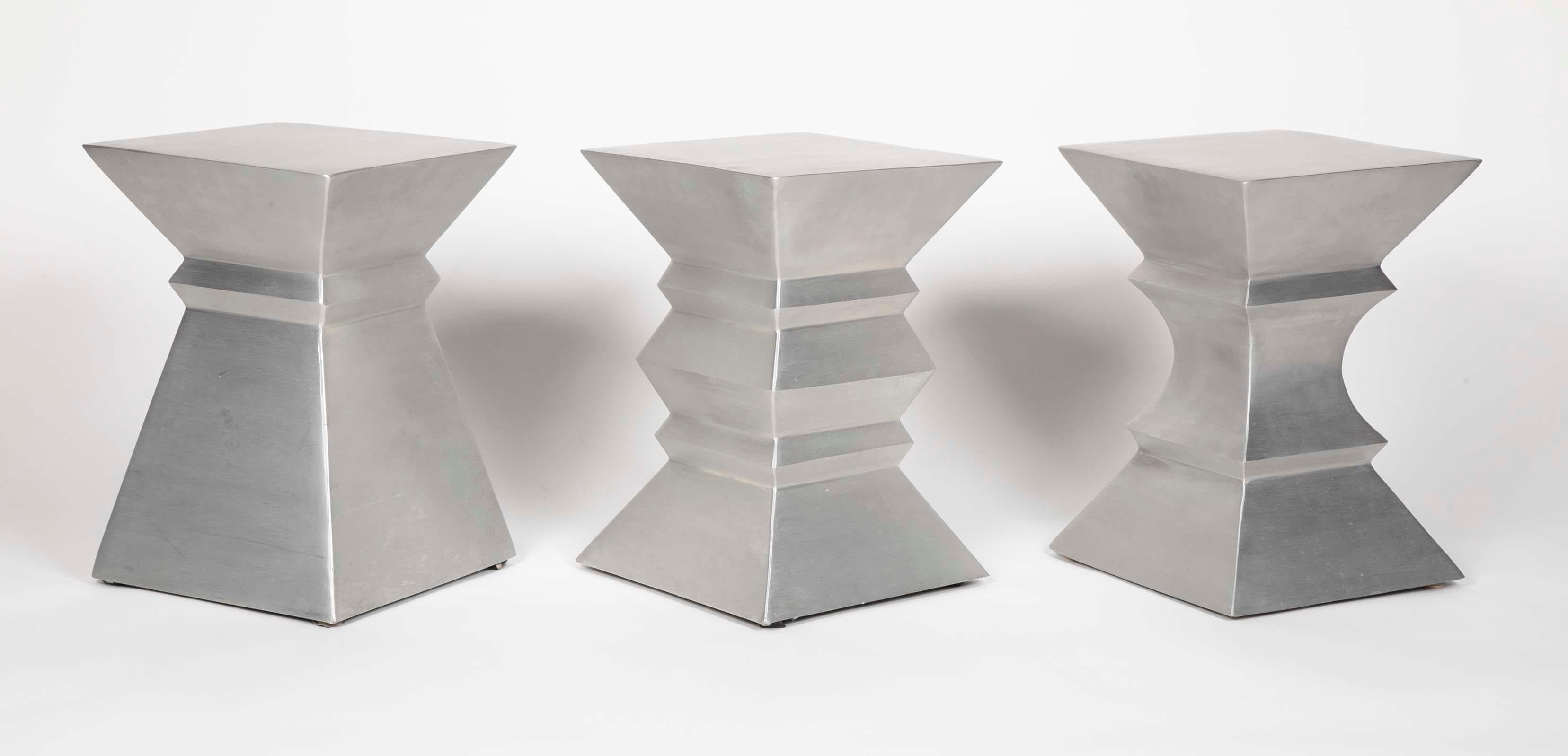 Modern Brancusi Style Aluminum Side Tables, a Set of Three