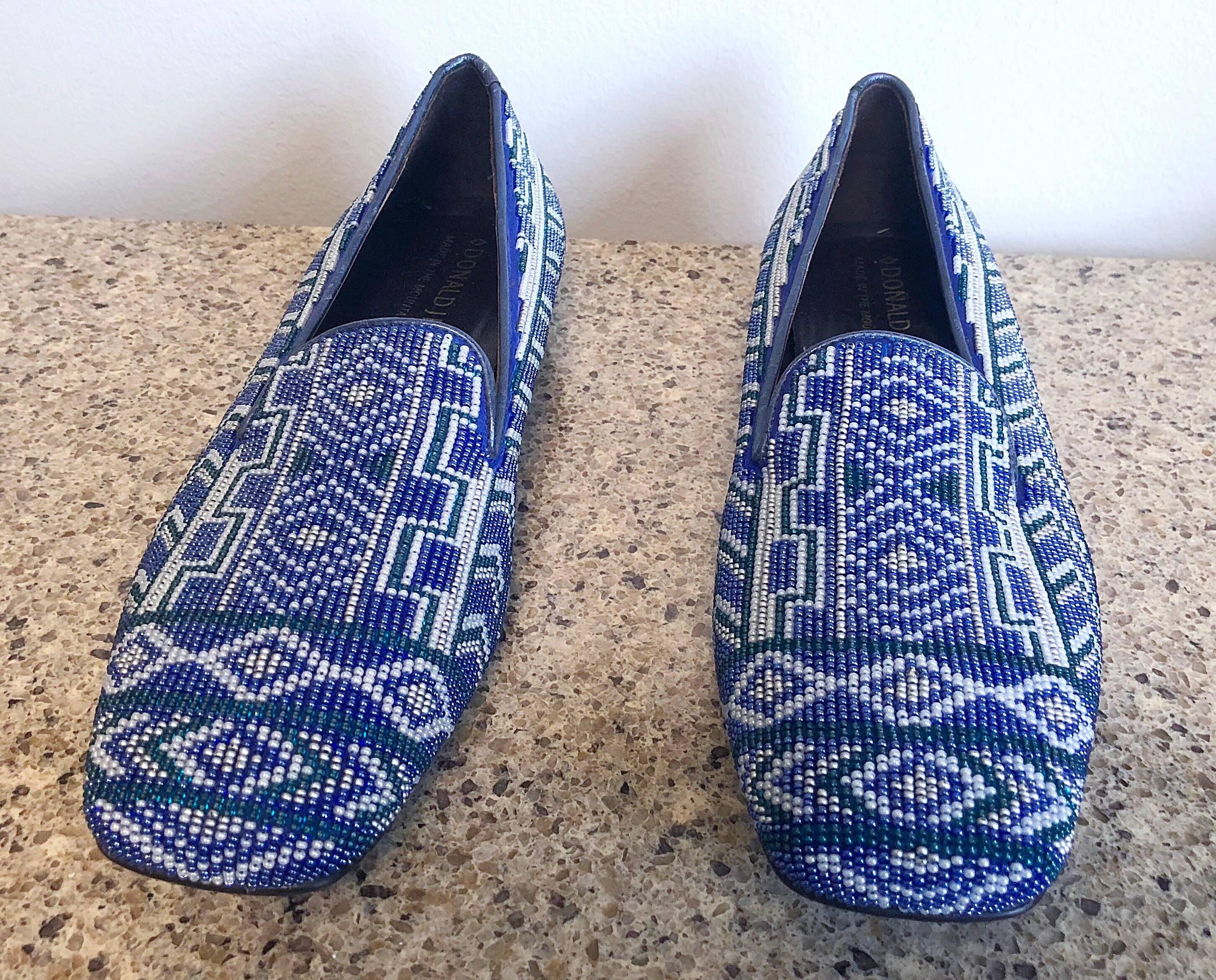 Brand new never worn late 90s DONALD J PLINER fully beaded driving / smoking loafers! Gorgeous hand beading in vibrant tones of all shades of blue, including light baby blue, teal, and royal blue. Navajo pattern. Sturdy rubber soles make great for