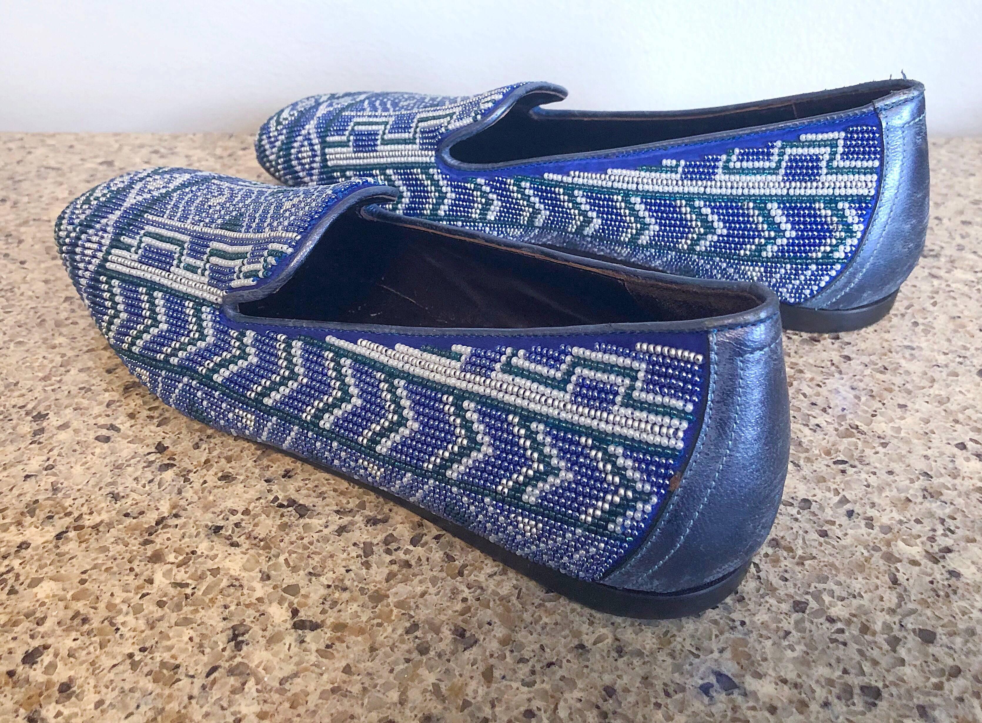 Brand New 1990s Donald J Pliner Size 7 Fully Beaded Blue Smoking Loafers Shoes In New Condition In San Diego, CA