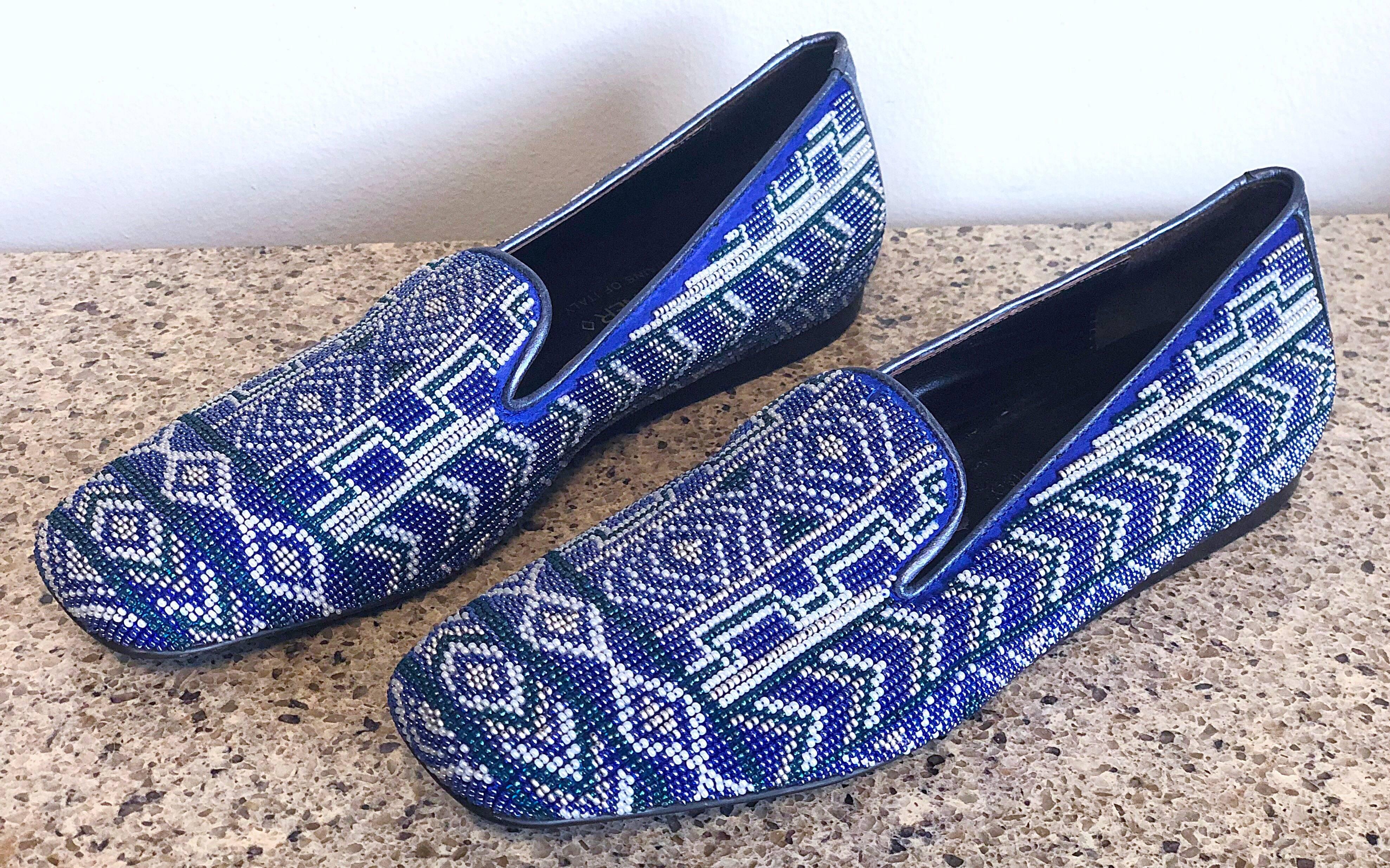 Brand New 1990s Donald J Pliner Size 7 Fully Beaded Blue Smoking Loafers Shoes 1