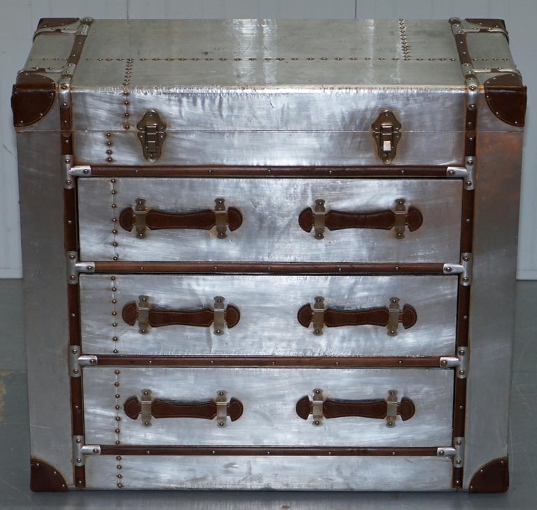 Brand New Aluminium And Brown Leather Aviator Chest Of Drawers
