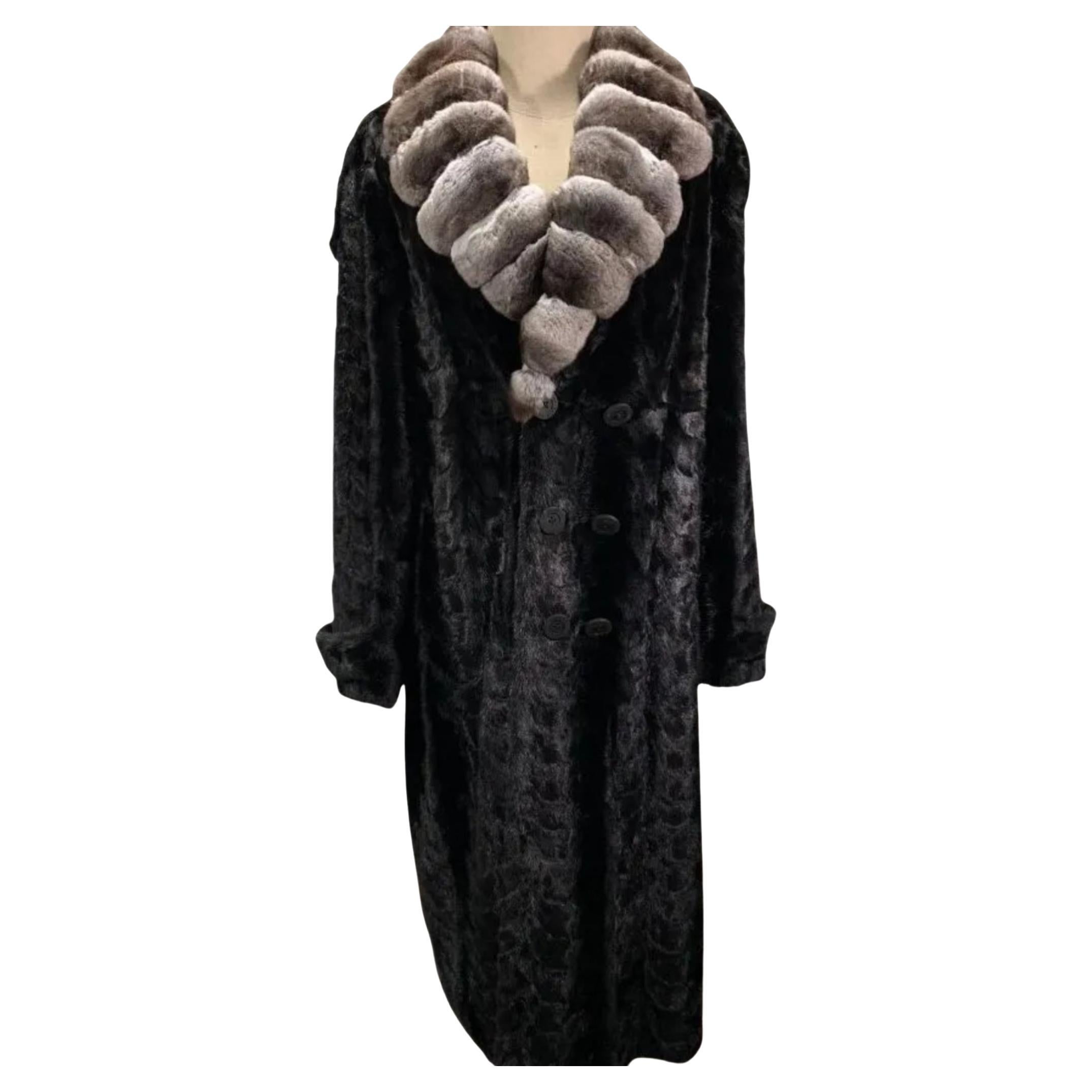 Brand new Big Tall Chinchilla empress Men's black mink fur coat size 2 XL For Sale