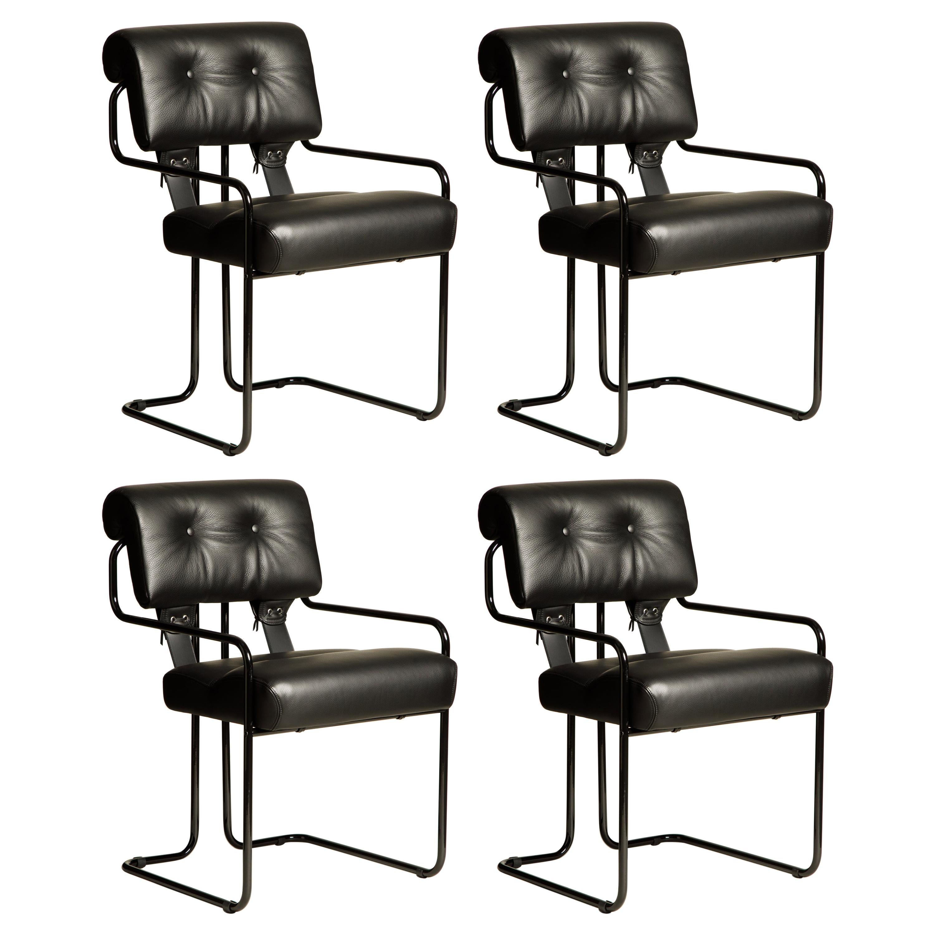 Brandneue schwarze Tucroma-Stühle aus Leder von Guido Faleschini für Mariani, signiert im Angebot