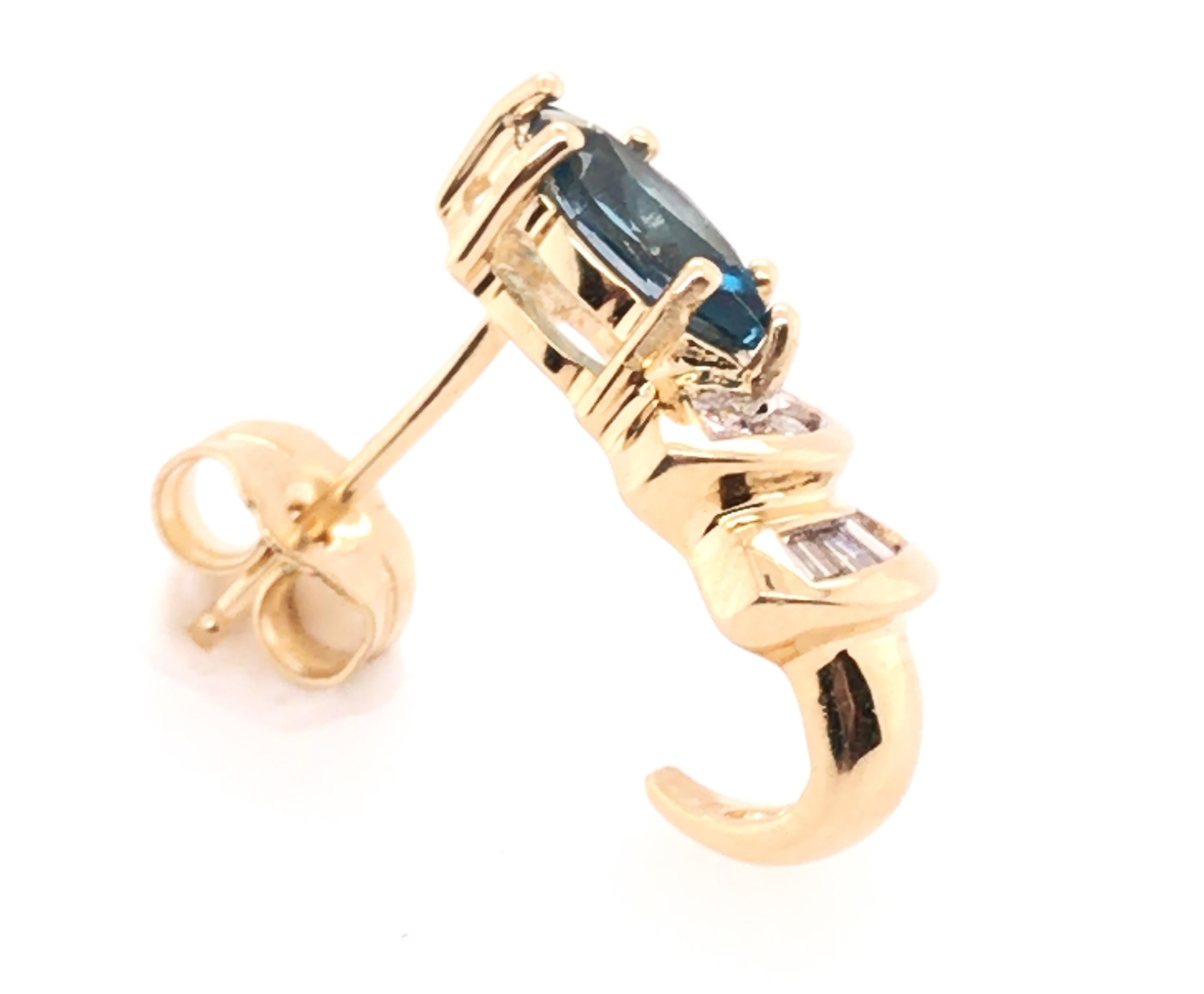 Marquise Cut Brand New Blue Topaz Diamond Stud Half Hoop Earrings 1.36ct 14K Yellow Gold For Sale