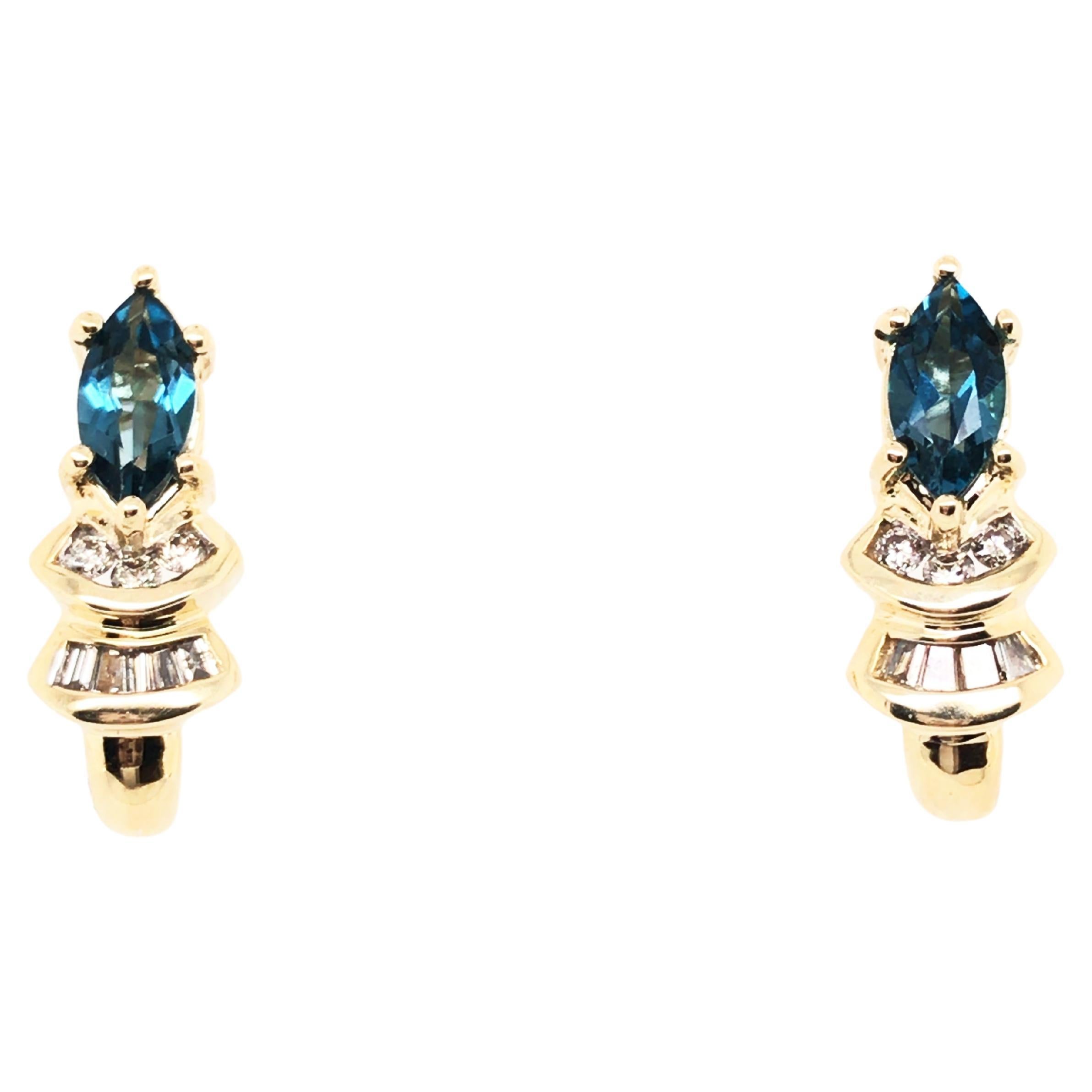 Brand New Blue Topaz Diamond Stud Half Hoop Earrings 1.36ct 14K Yellow Gold For Sale