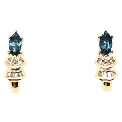 Brand New Blue Topaz Diamond Stud Half Hoop Earrings 1.36ct 14K Yellow Gold