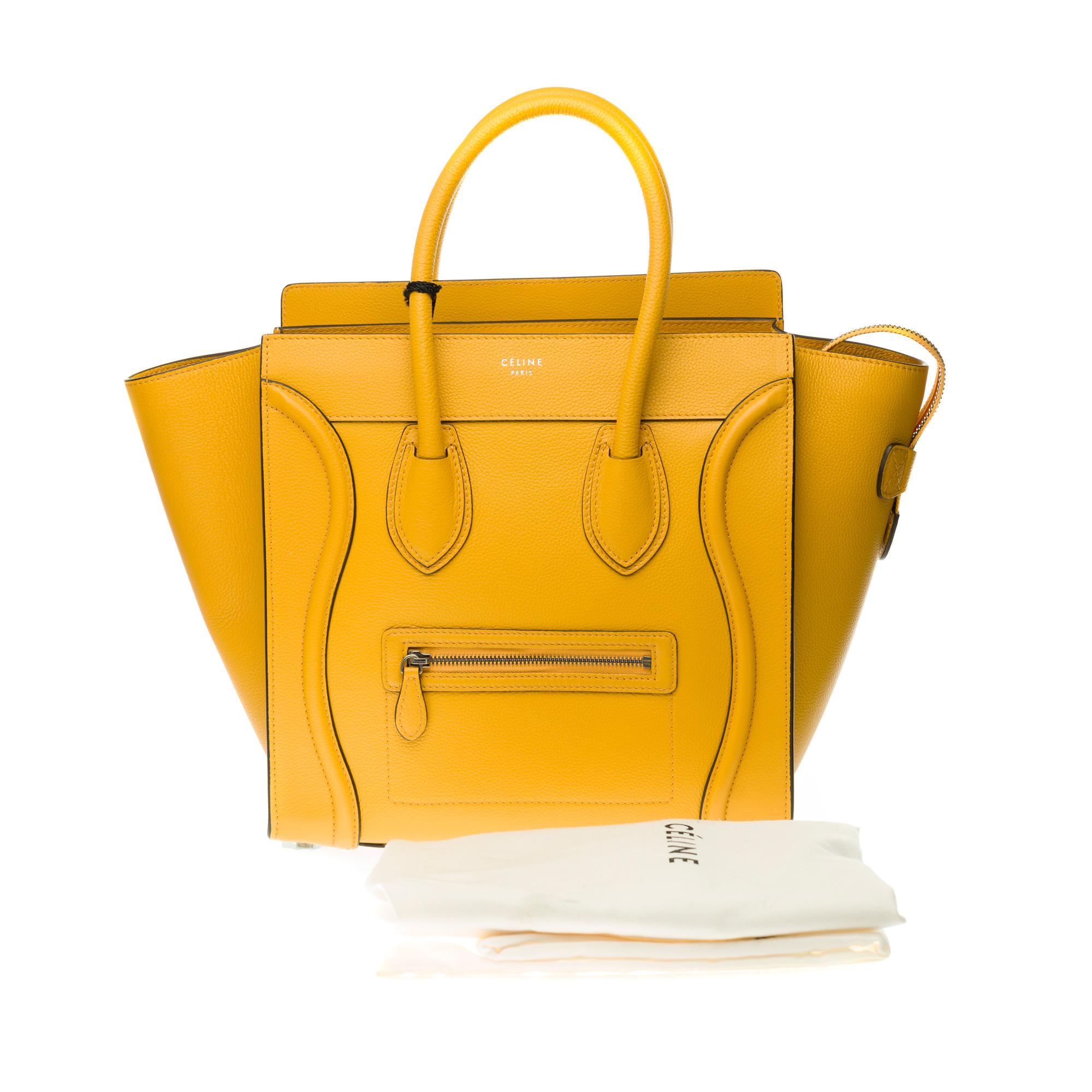 Brand New / Céline Luggage Mini handbag in yellow calfskin with silver hardware 3