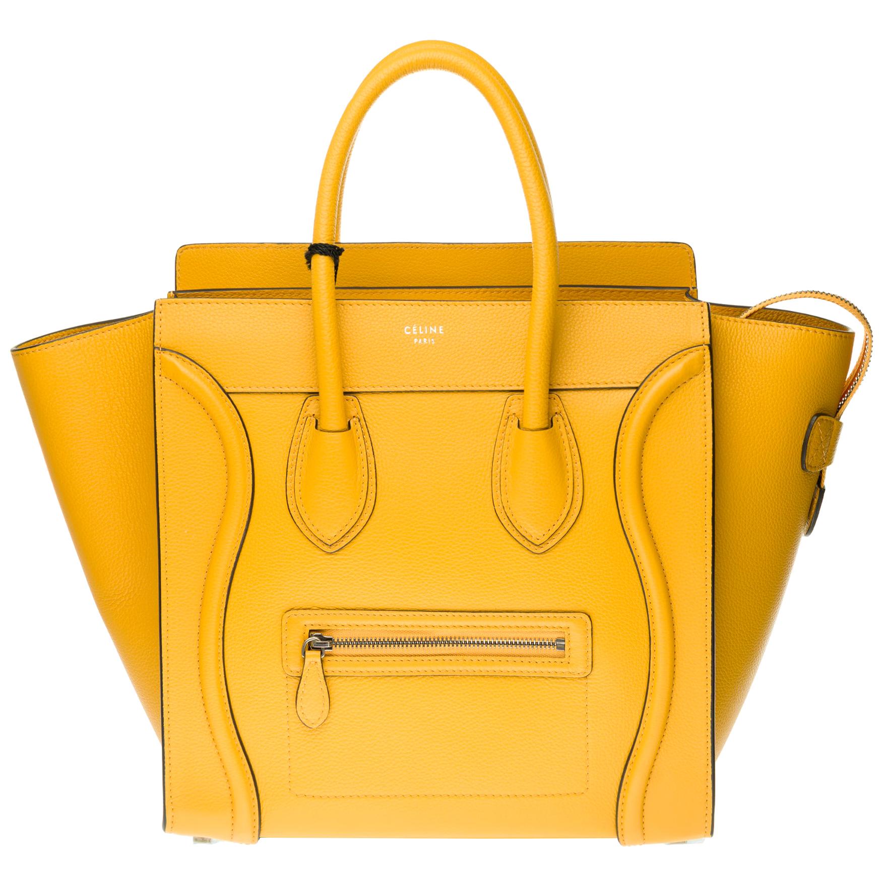 Brand New / Céline Luggage Mini handbag in yellow calfskin with silver hardware