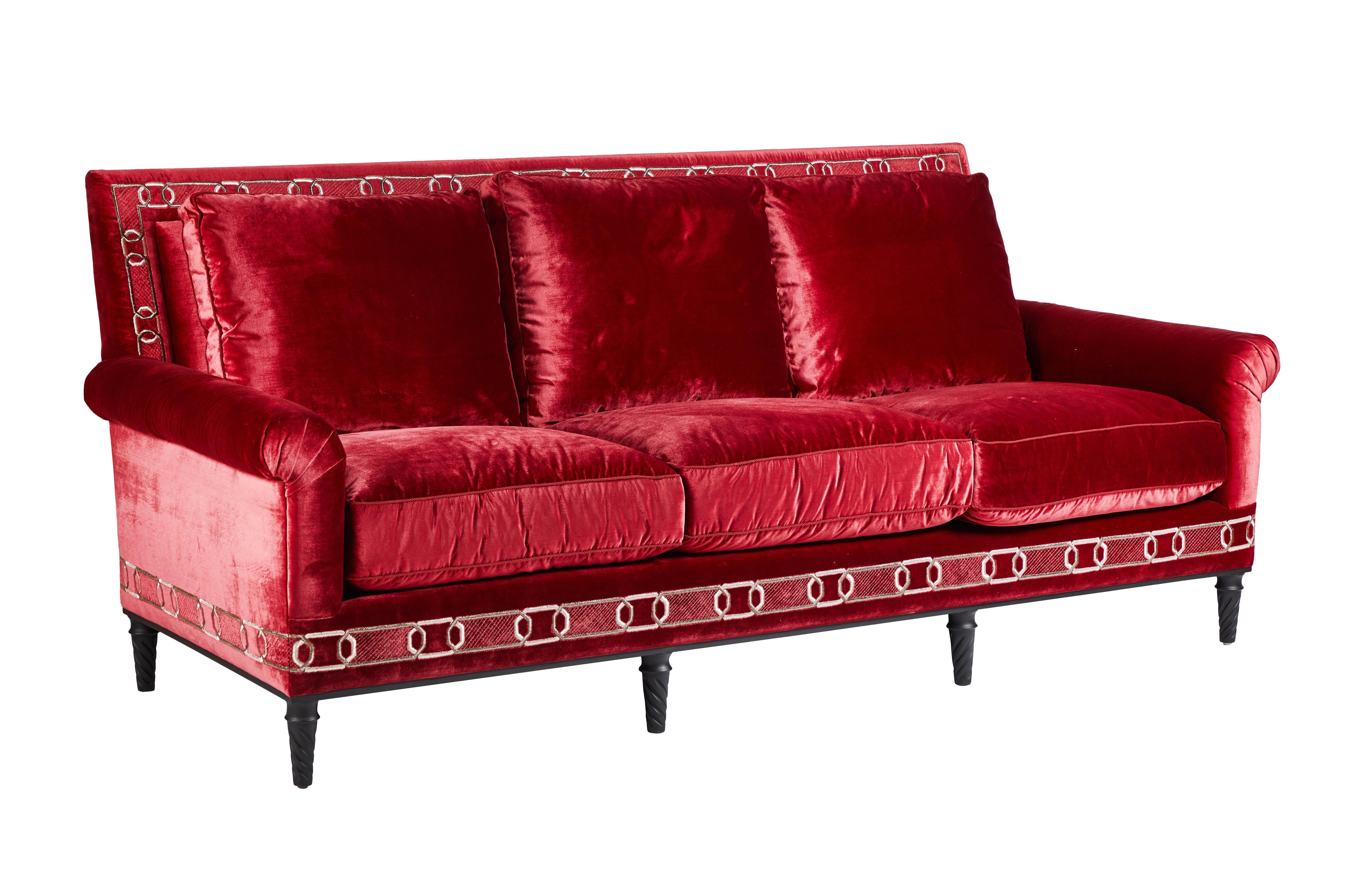 Brand new custom sofa in red silk velvet by Christopher Hyland. Custom embroidery along the deck and artfully placed on the interior back. Three loose seat cushions and three loose back cushions. Raised on 8 turned wood legs.

Measure: Arm height
