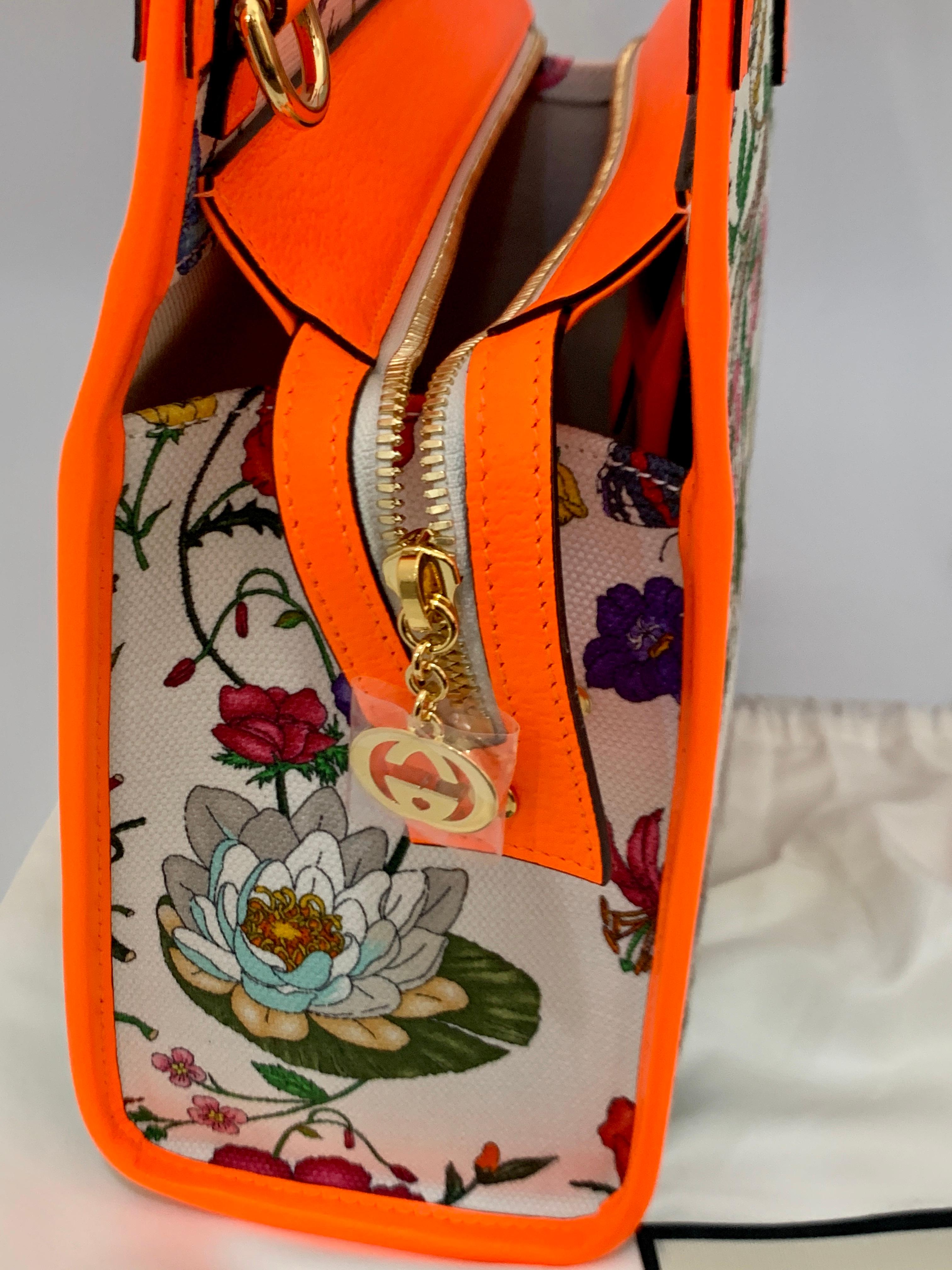 Brand New Gucci flora canvas neon orange handbag with Extra Shoulder Strap   2