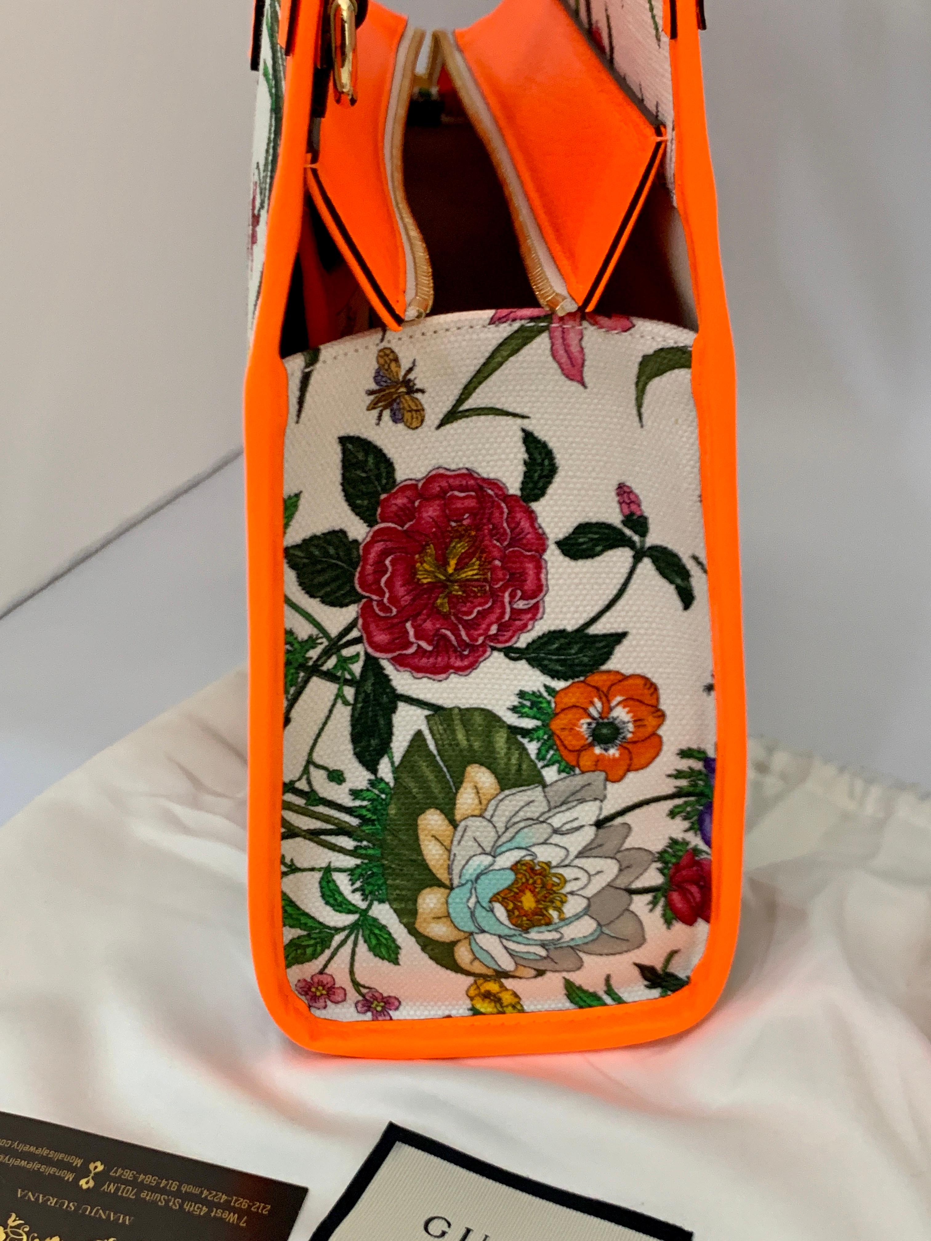 Brand New Gucci flora canvas neon orange handbag with Extra Shoulder Strap   3
