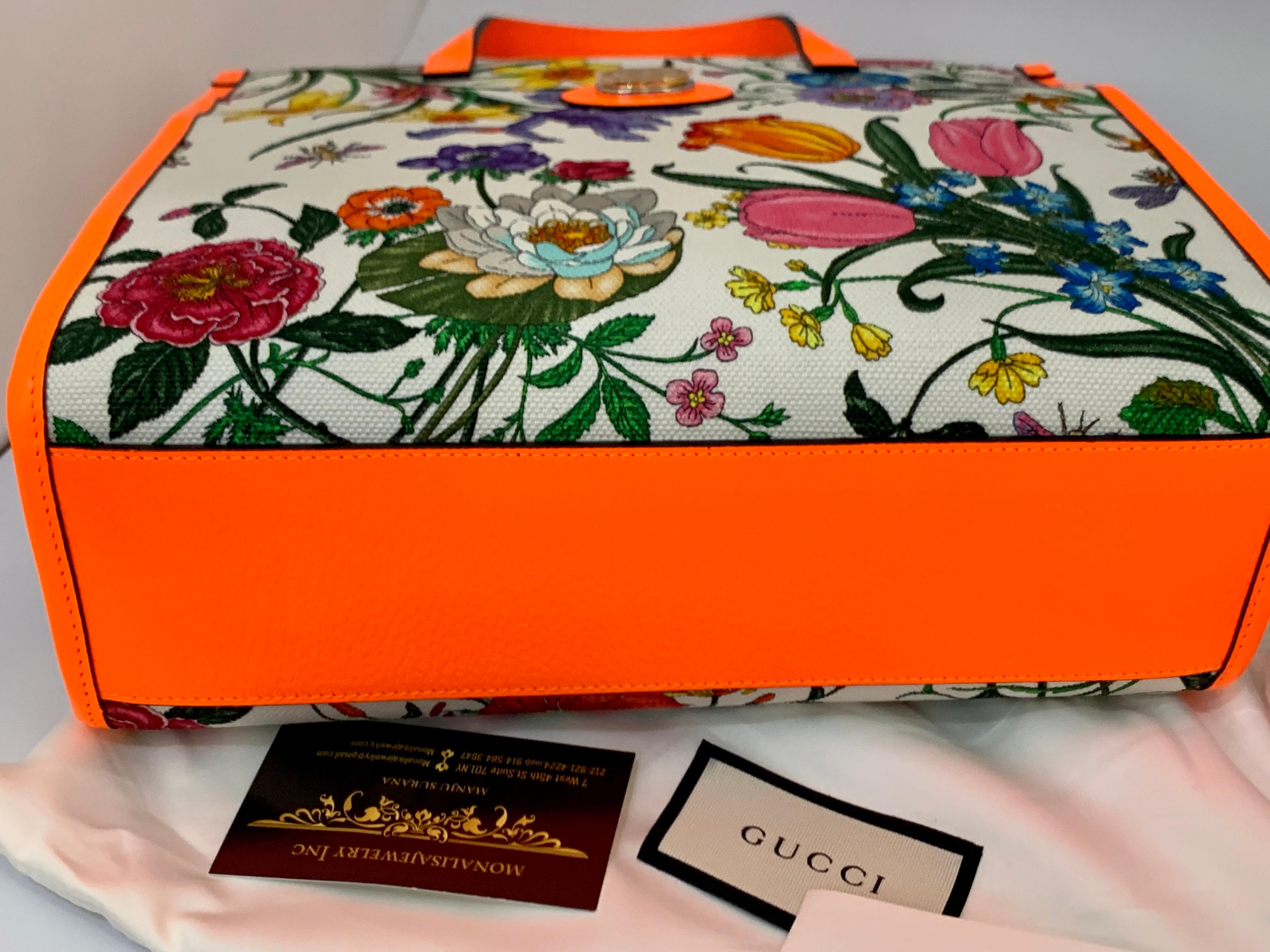 Brand New Gucci flora canvas neon orange handbag with Extra Shoulder Strap   4