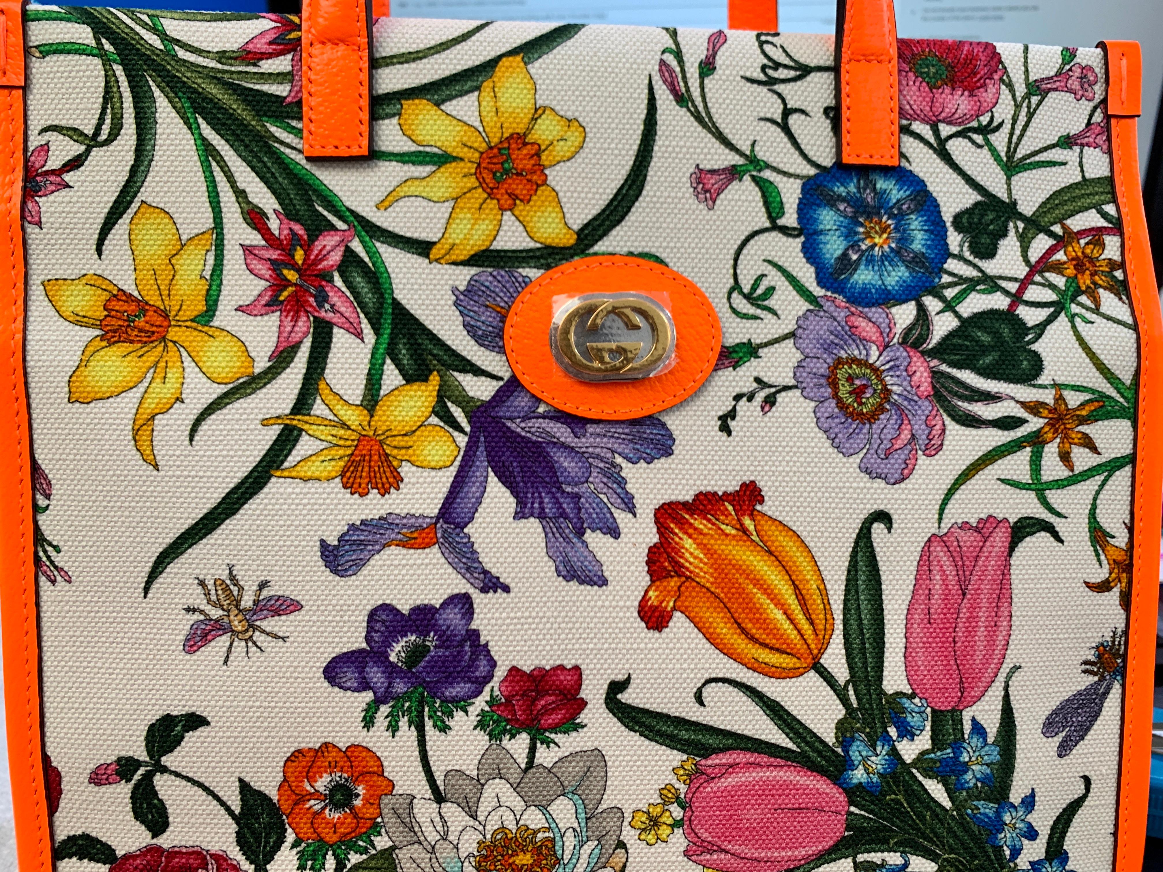 Brand New Gucci flora canvas neon orange handbag with Extra Shoulder Strap   6