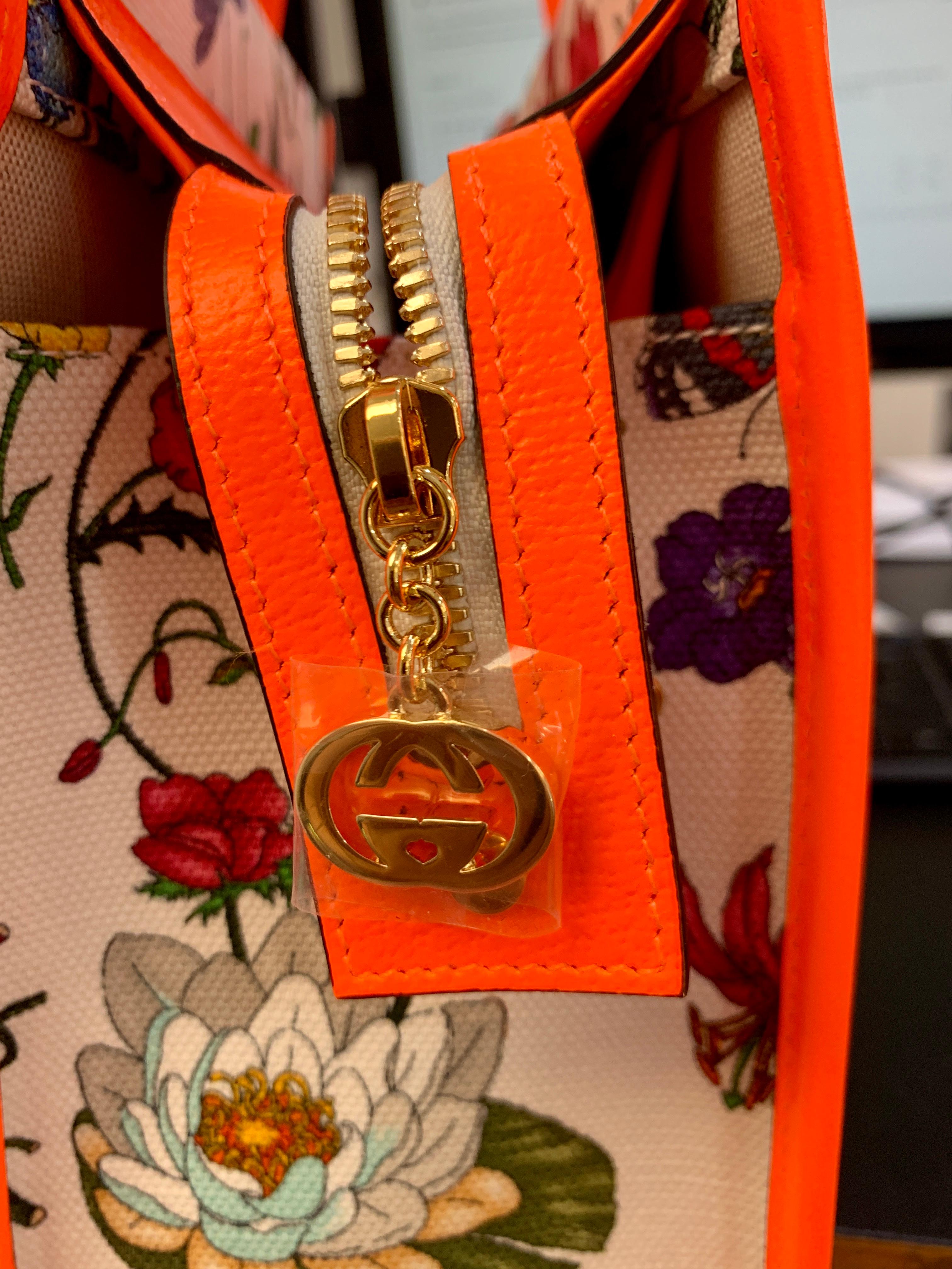 Brand New Gucci flora canvas neon orange handbag with Extra Shoulder Strap   7