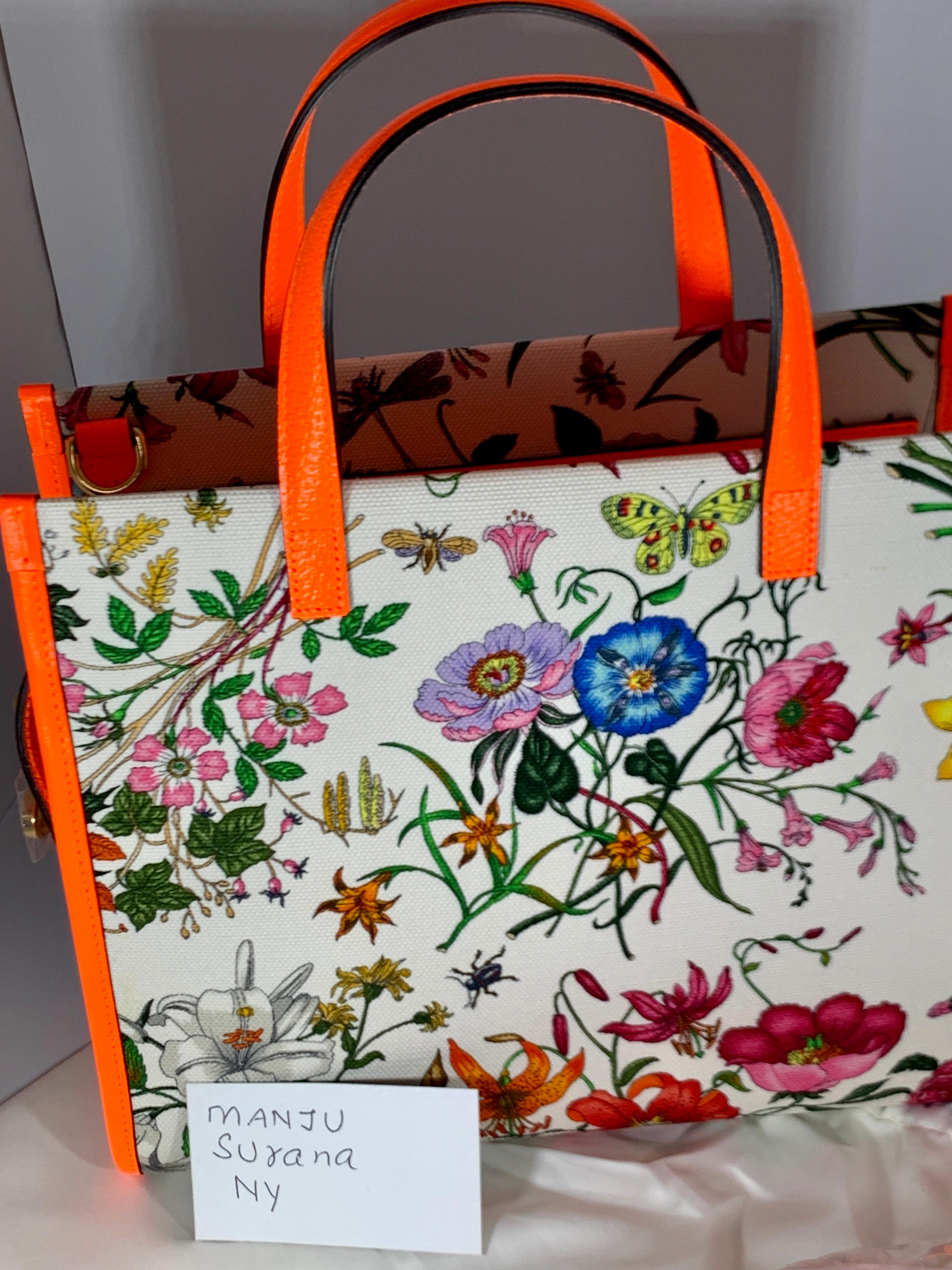 Orange Brand New Gucci flora canvas neon orange handbag with Extra Shoulder Strap  