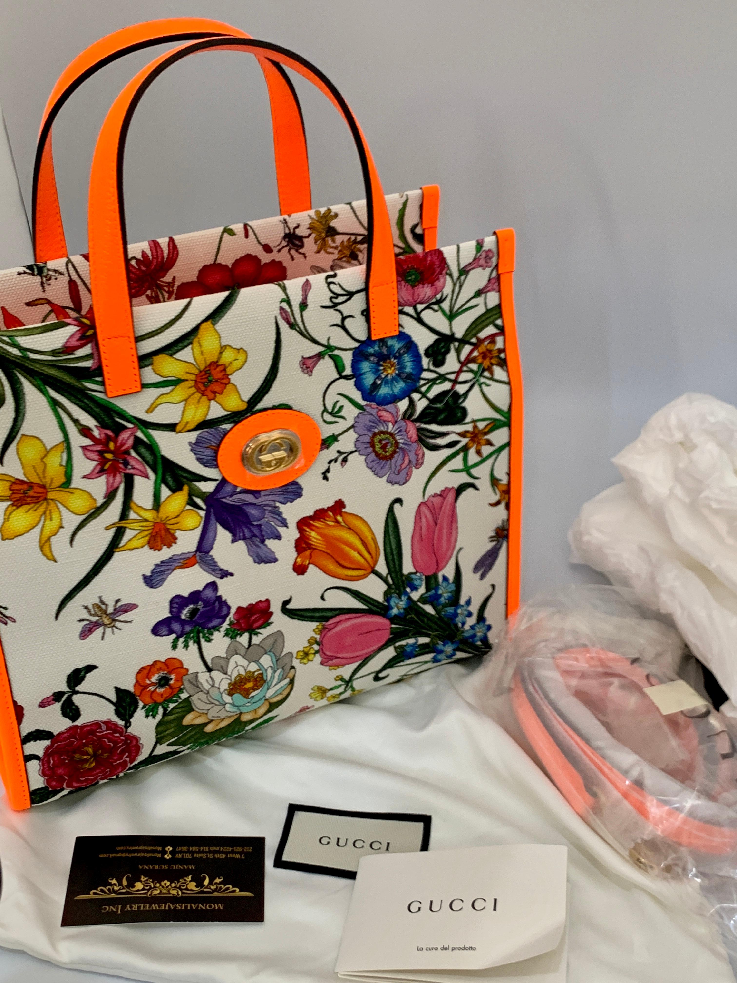 Brand New Gucci flora canvas neon orange handbag with Extra Shoulder Strap   1