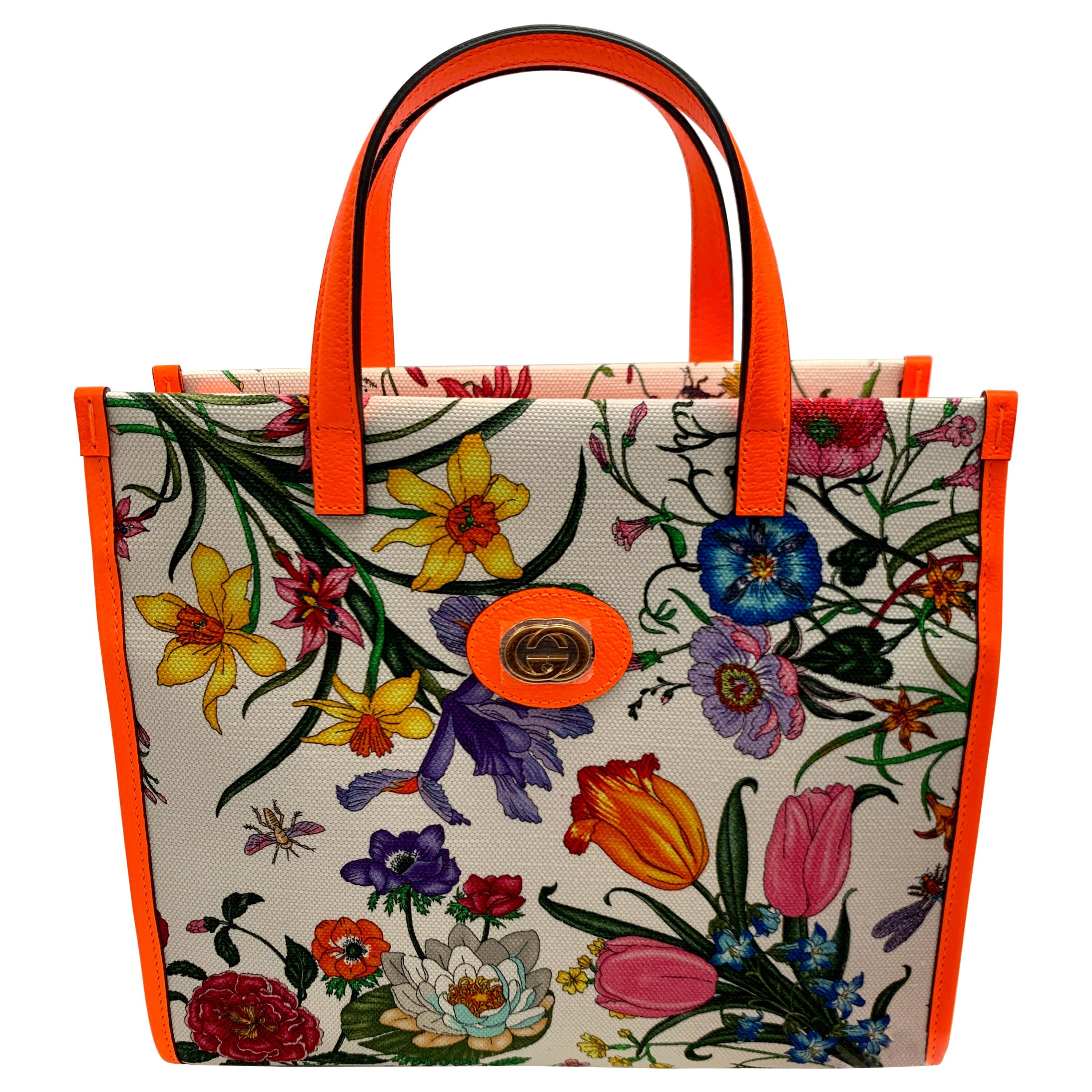 Brand New Gucci flora canvas neon orange handbag with Extra Shoulder Strap  