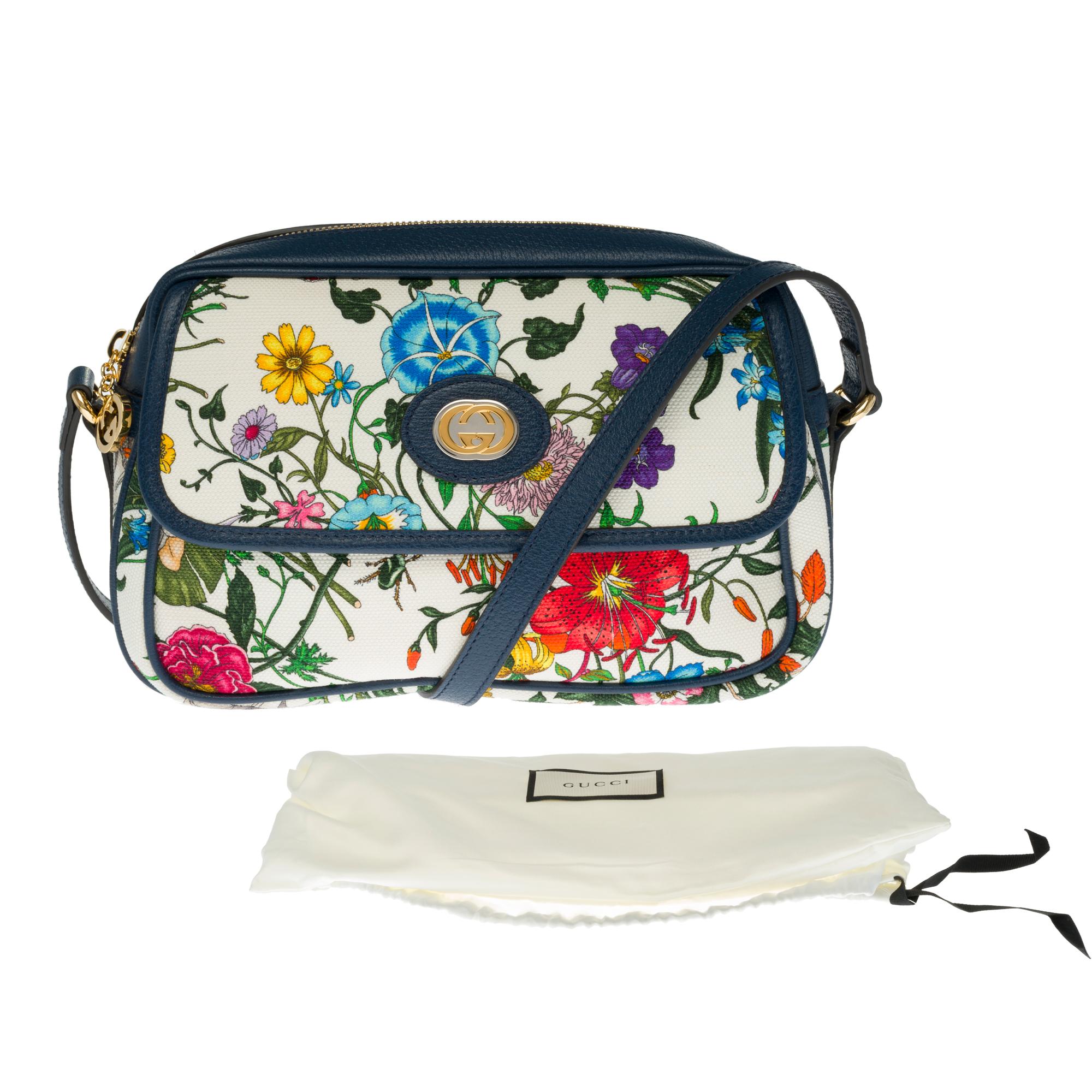 BRAND NEW / Gucci Flora Crossbody bag  in blue canvas and leather 6