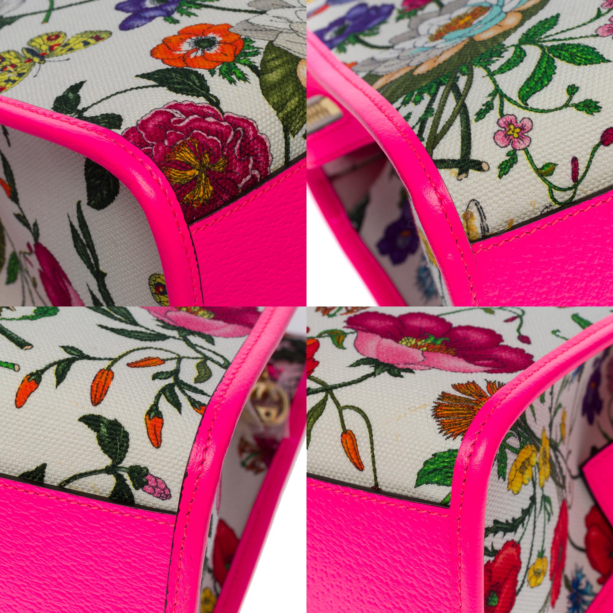 BRAND NEW / Gucci Flora Tote in fluorescent pink leather and print canvas  4
