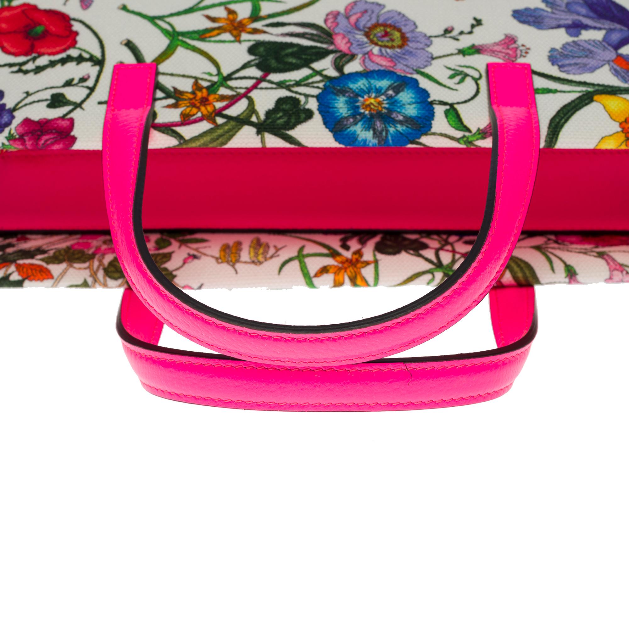 BRAND NEW / Gucci Flora Tote in fluorescent pink leather and print canvas  2