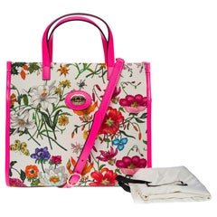 BRAND NEW / Gucci Flora Tote in fluorescent pink leather and print canvas