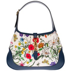 Brand New/ Gucci Jackie Flora shoulder bag in canvas and blue leather ...