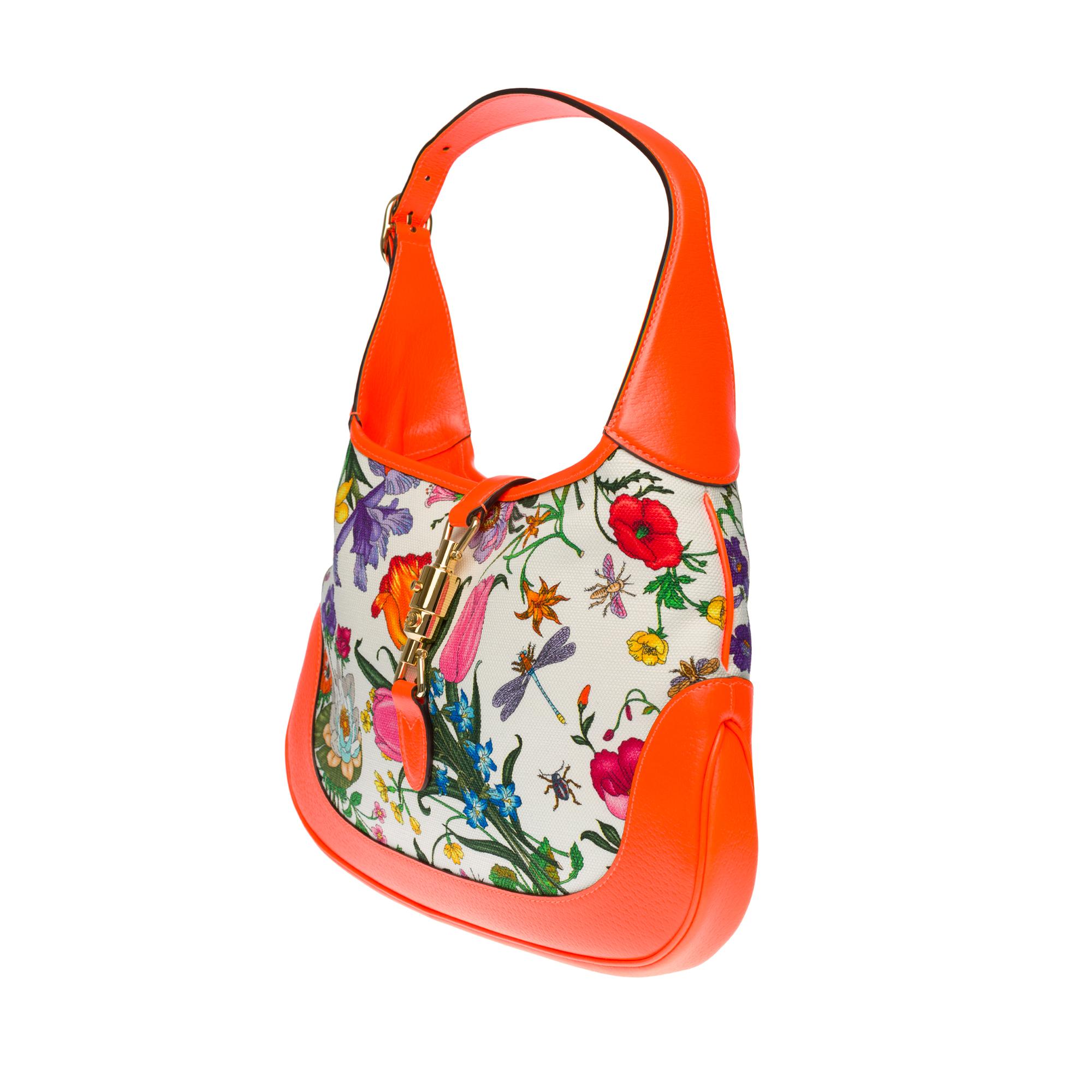 Orange Brand New/ Gucci Jackie Flora shoulder bag in canvas and orange leather