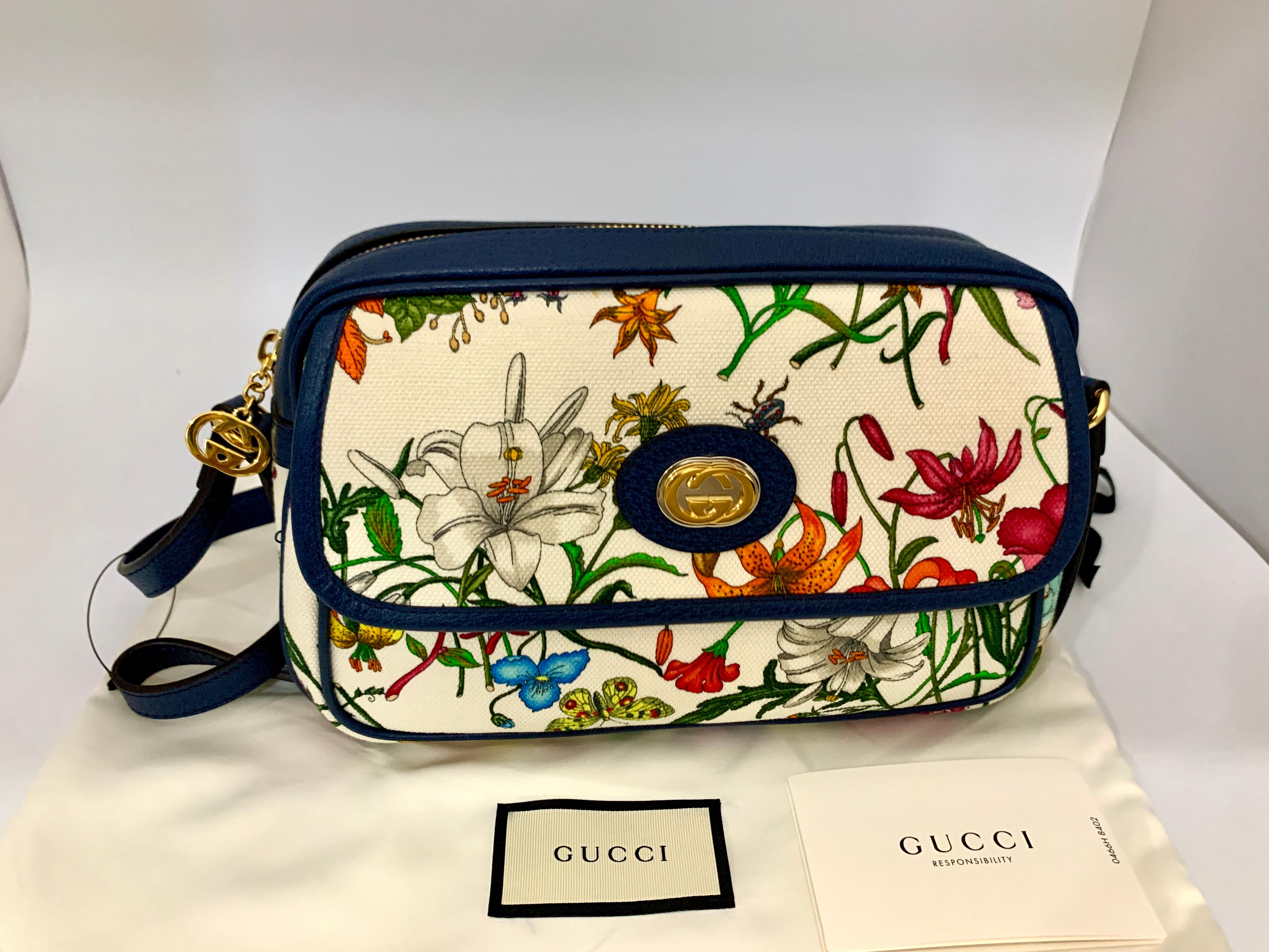 Brand New GUCCI Womens Small  Flora Canvas and Blue Leather  Shoulder Handbag 4
