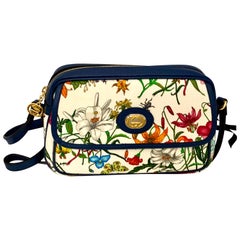 Brand New GUCCI Womens Small Flora Canvas and Blue Leather Shoulder Handbag