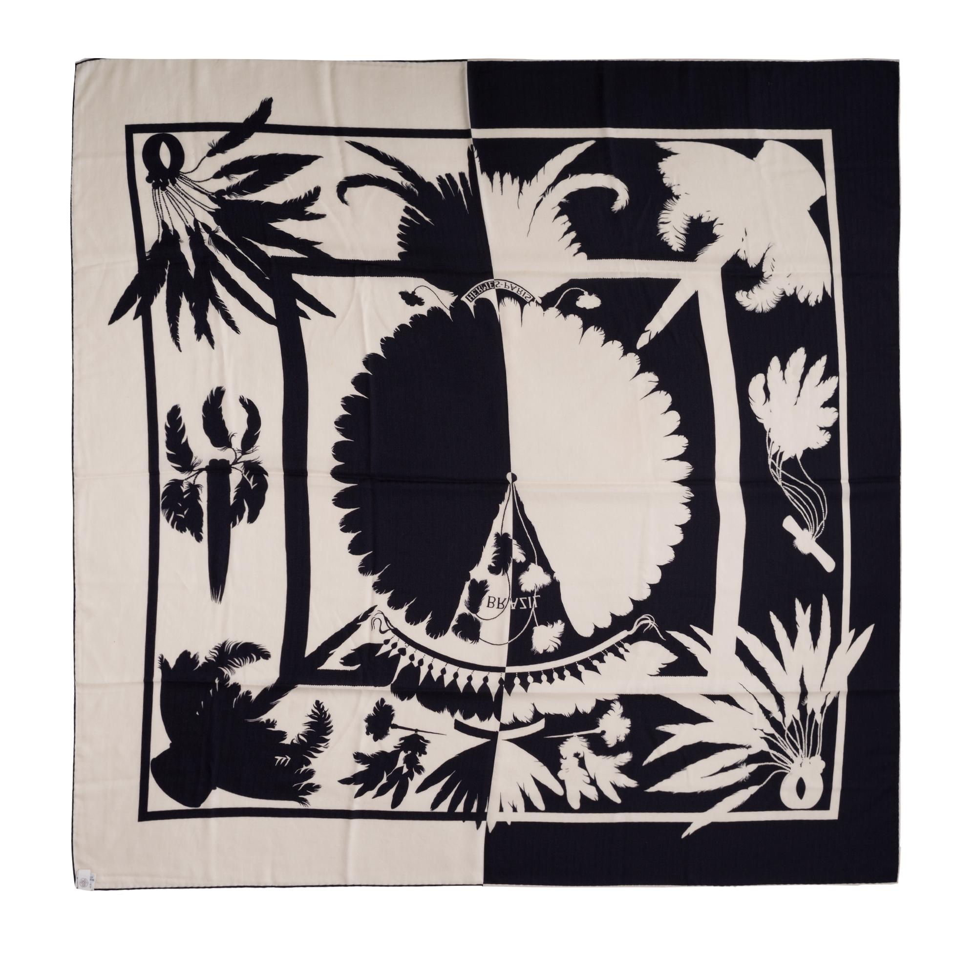 Brand New- Hermès 140 Brazil Shawl in Beige and black Cashmere
