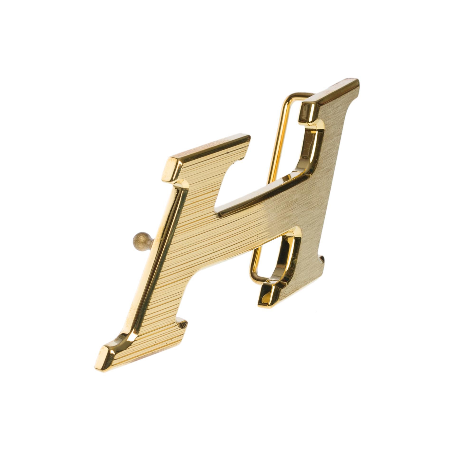 Brand new Hermes 5382 H Speed 32mm brushed and polished golden metal belt buckle In New Condition For Sale In Paris, IDF