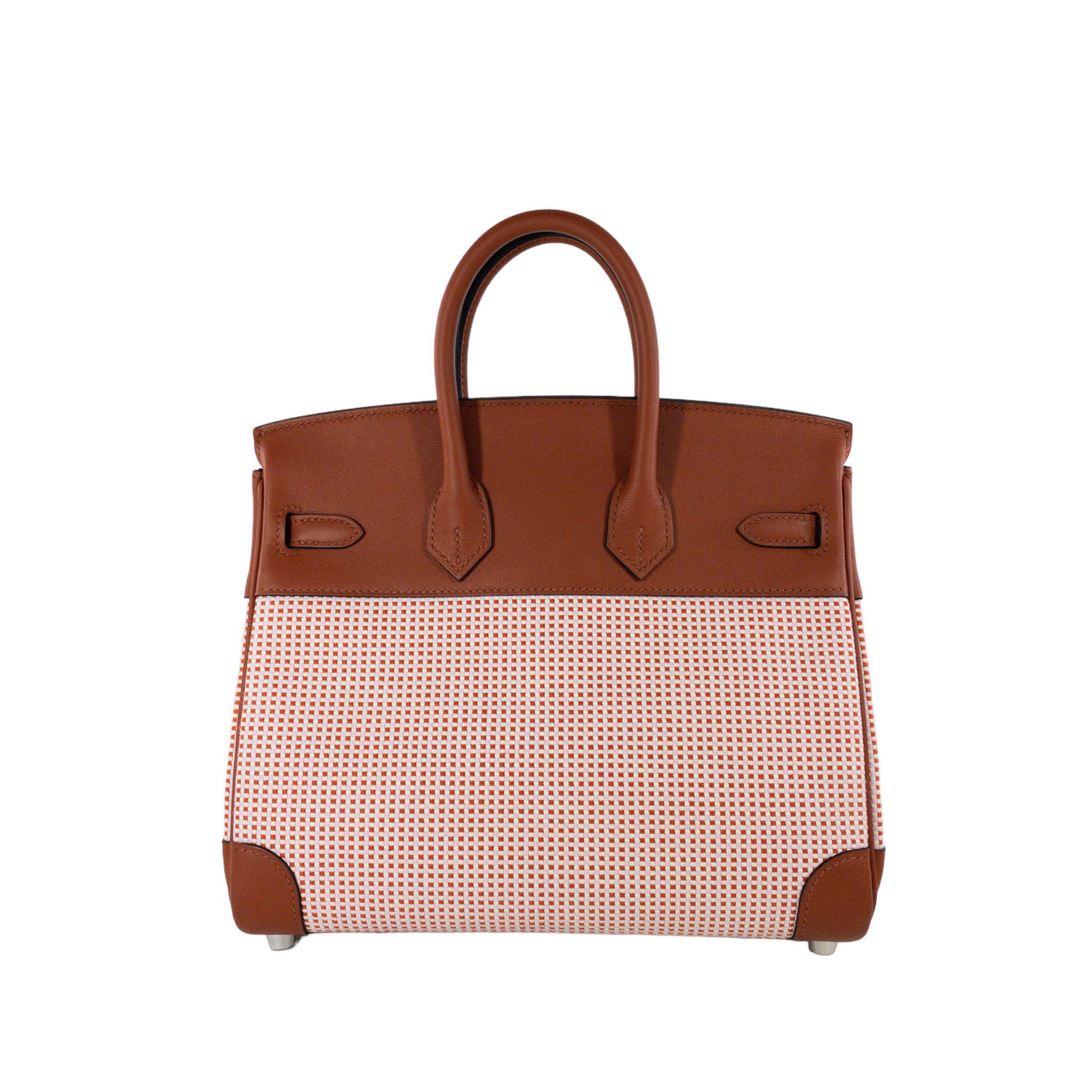 Consign of the Times presents this Brand new in box authentic Hermes Birkin 25cm limited edition Quadrille style with Palladium hardware. Quadrille woven toile with the Swift leather trim. Swift leather is Cuivre and quadrille weave is Ecru, Brique