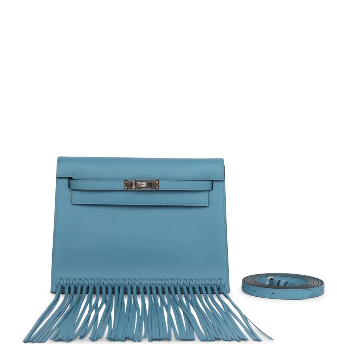 Hermes Kelly Danse Bag Fringe Anate Bleu Jeans Swift Palladium Hardware NEW For Sale 6