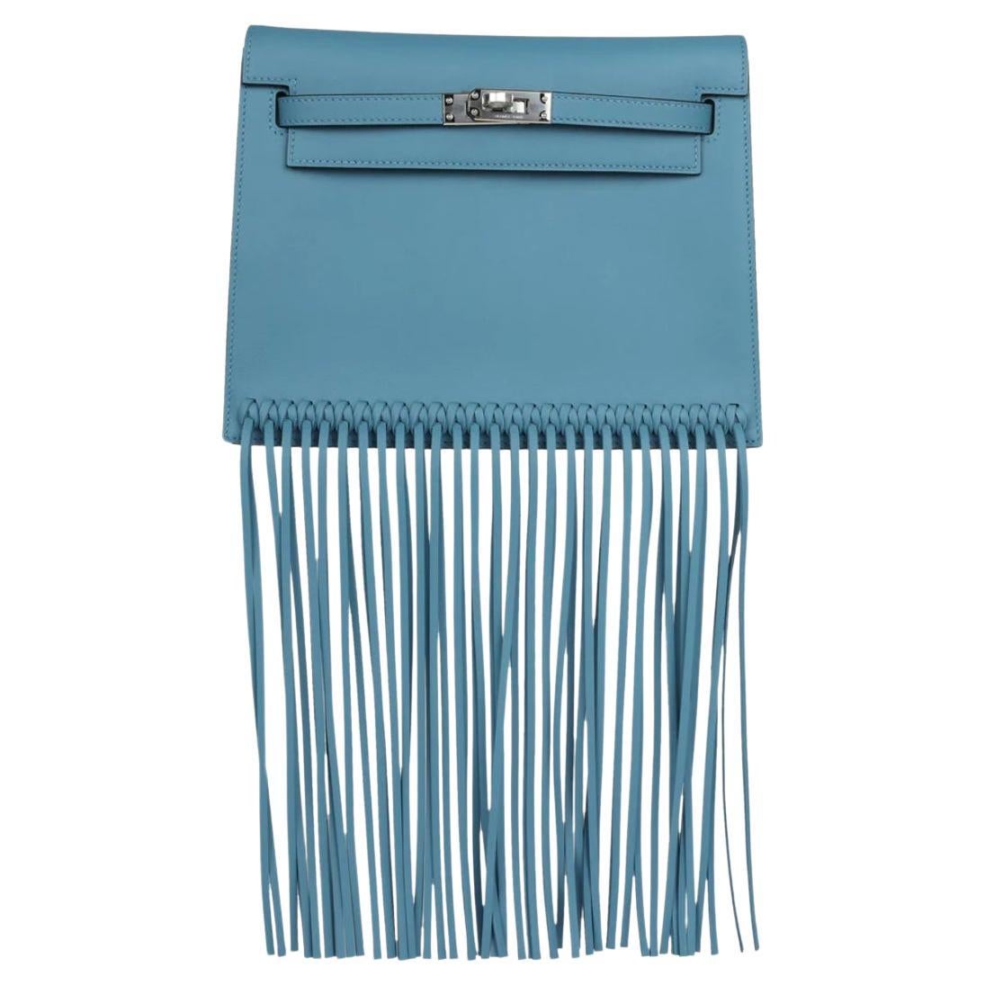 Hermes Kelly Danse Bag Fringe Anate Bleu Jeans Swift Palladium Hardware NEW en vente