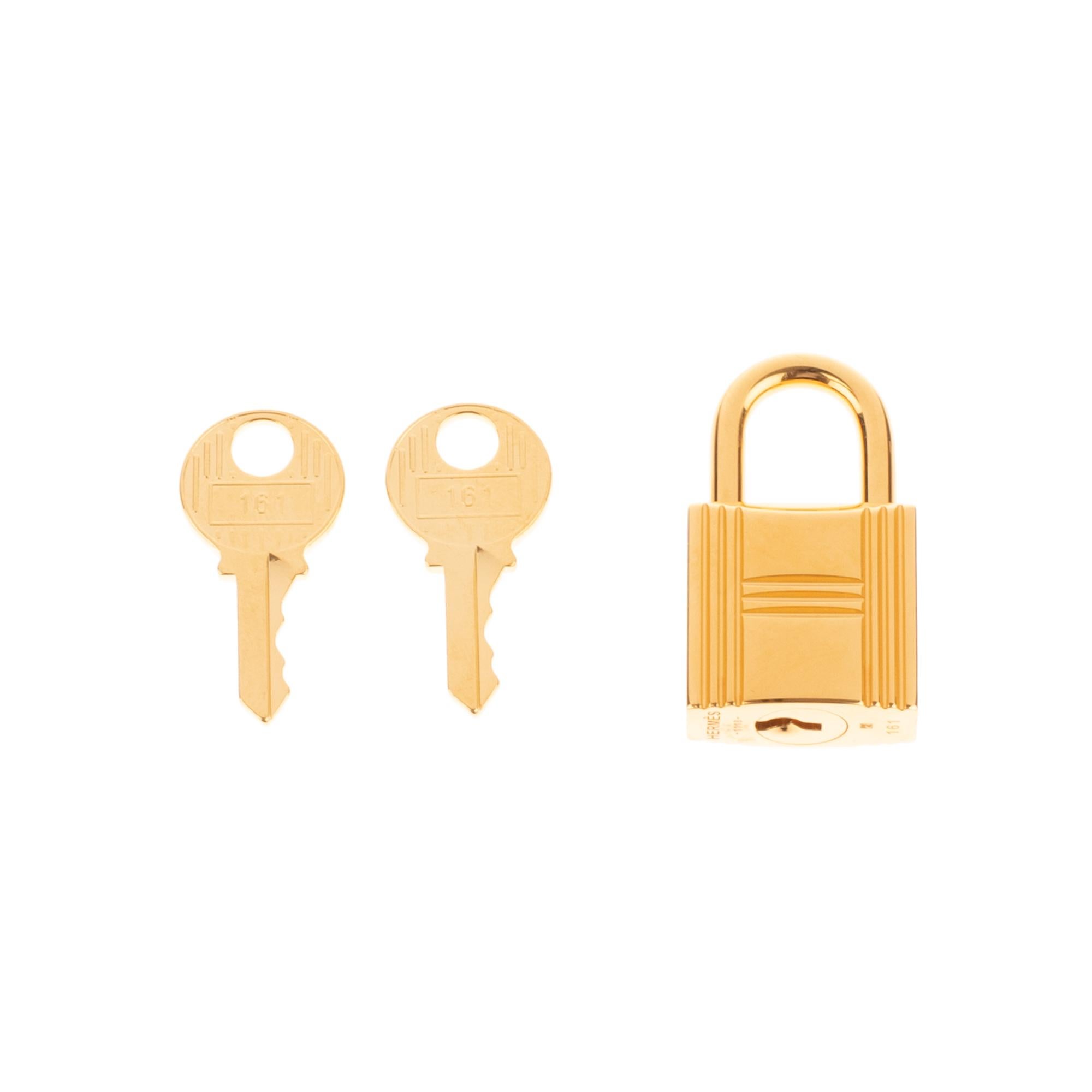 Hermès vergoldetes Metall-Vorhängeschloss für Birkin- und Kelly-Taschen aus goldenem Metall mit zwei Schlüsseln
Unterschrift: Hermès
Abmessungen:  3,5 x 2 x 2 cm (1,4 x 0,8 x 0,8 Zoll)

Neuer Zustand unter Plastik mit 2 Schlüsseln