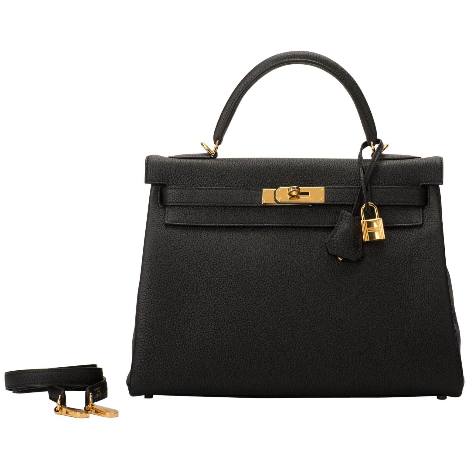 Brand New in Box Hermes Kelly 32 cm Togo Black Gold Bag