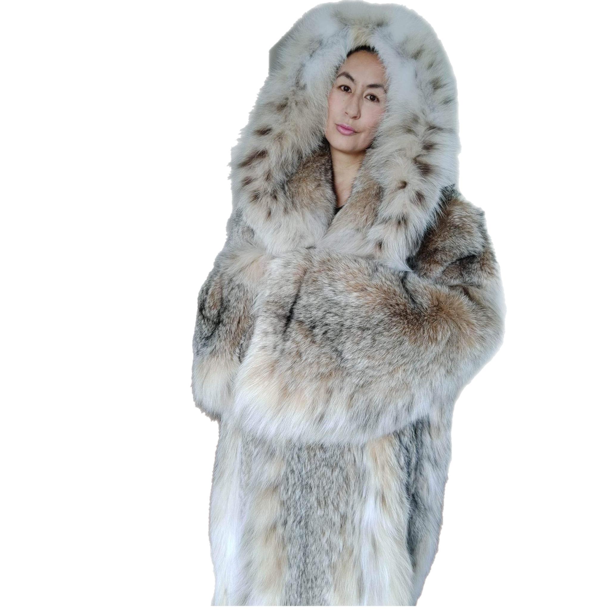 Lightweight Canadian lynx fur coat with detachable hood size 24 XXL 10