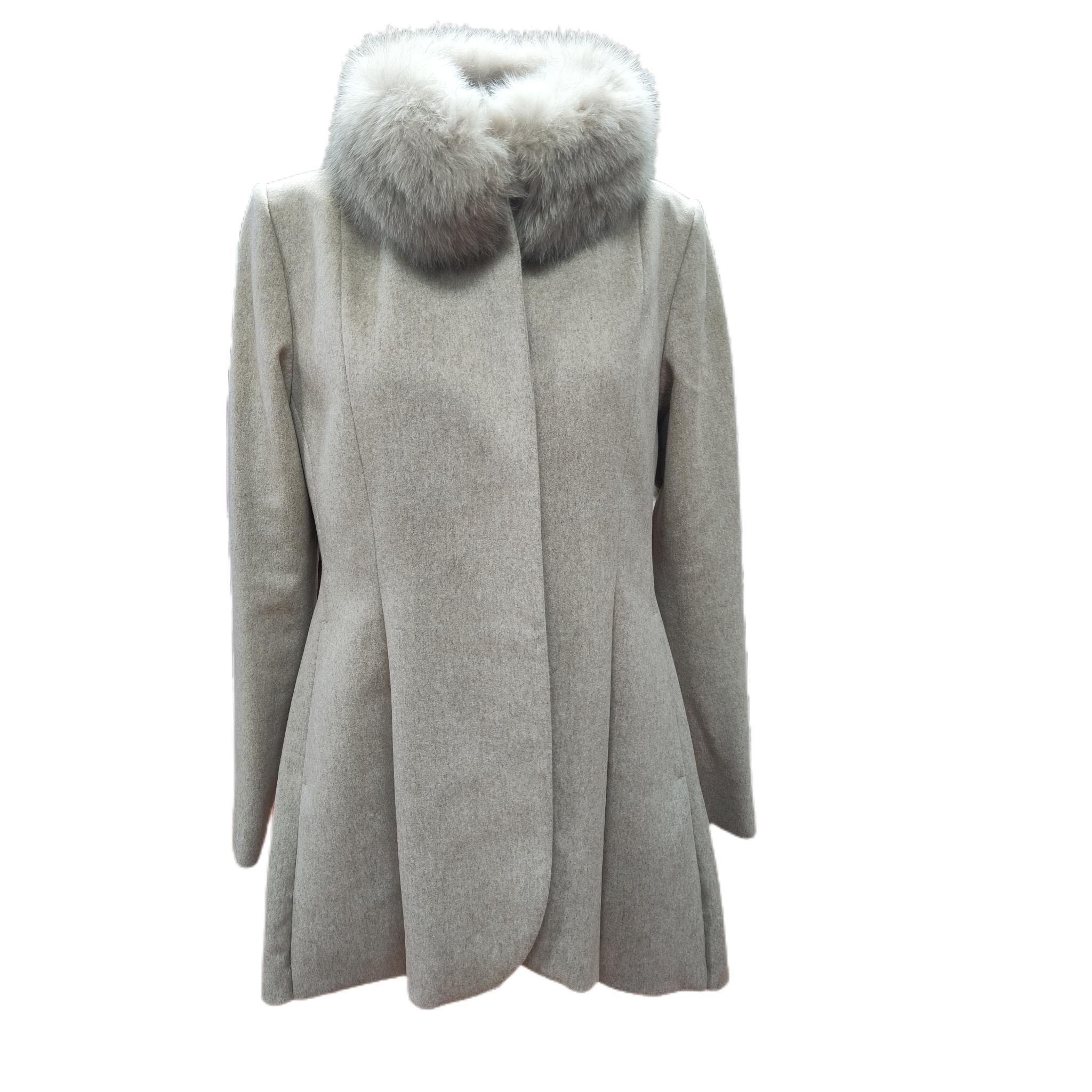 Gray Brand new Loro Piana gray mix wool with fox fur trim 6-8-10-12 For Sale