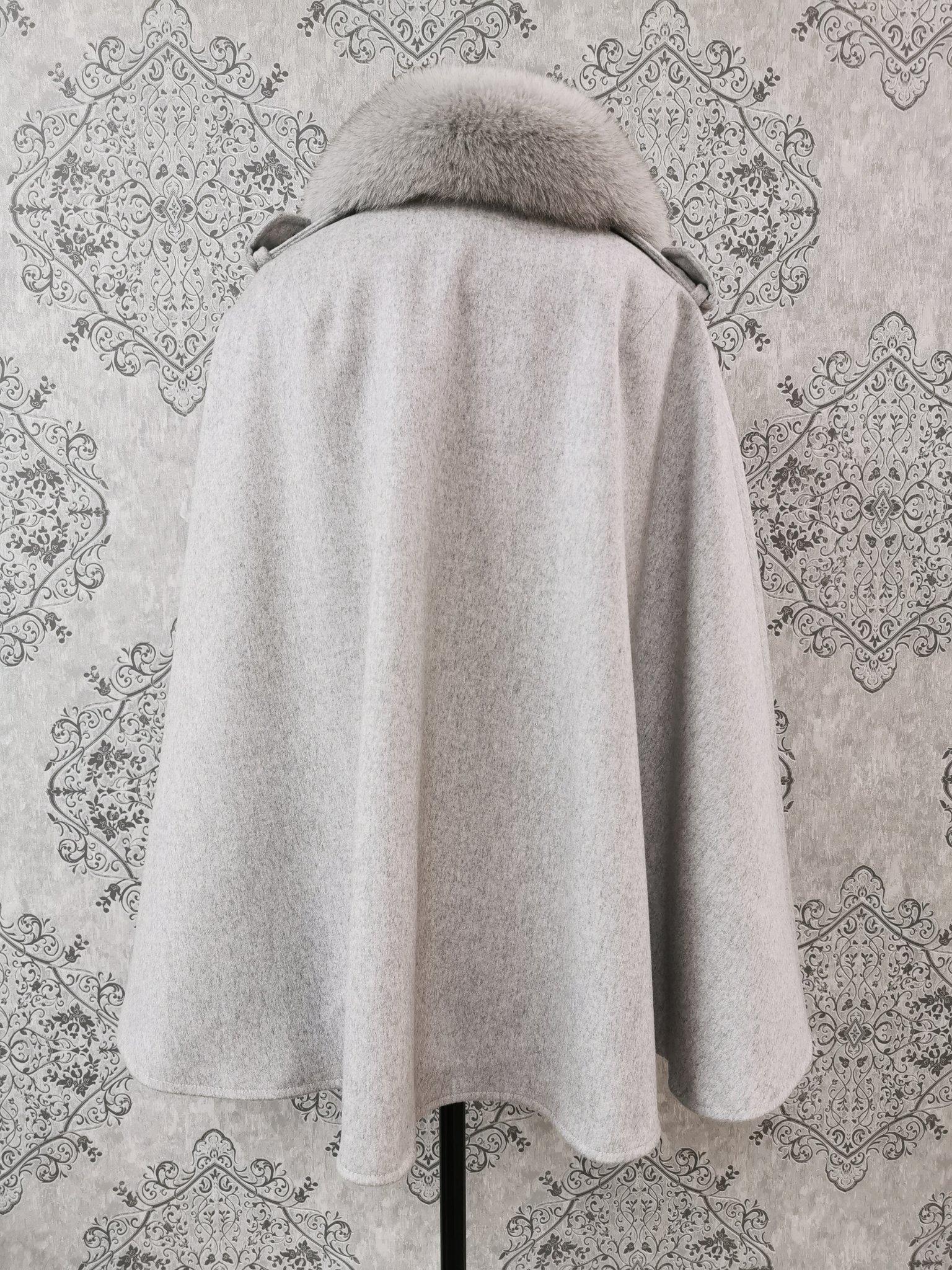 Brand new Loro Piana grey cape with fox fur trim 1