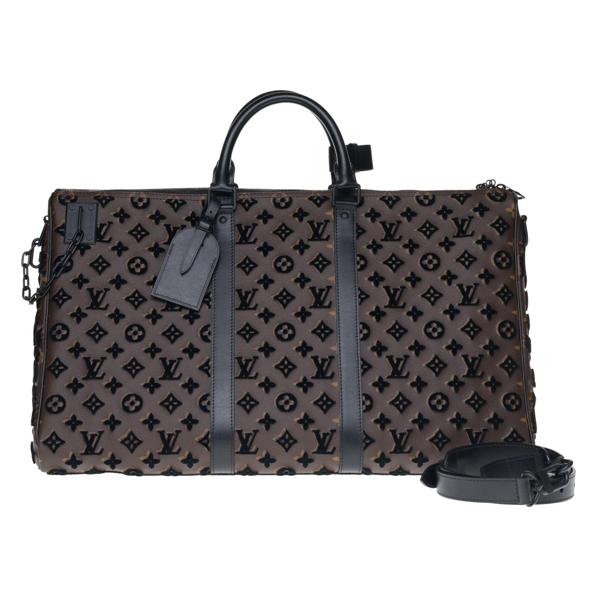 Louis Vuitton Keepall Triangle Bandouliere Monogram Tuffetage 50 Black in  Coated Canvas with Matte Black-tone - US