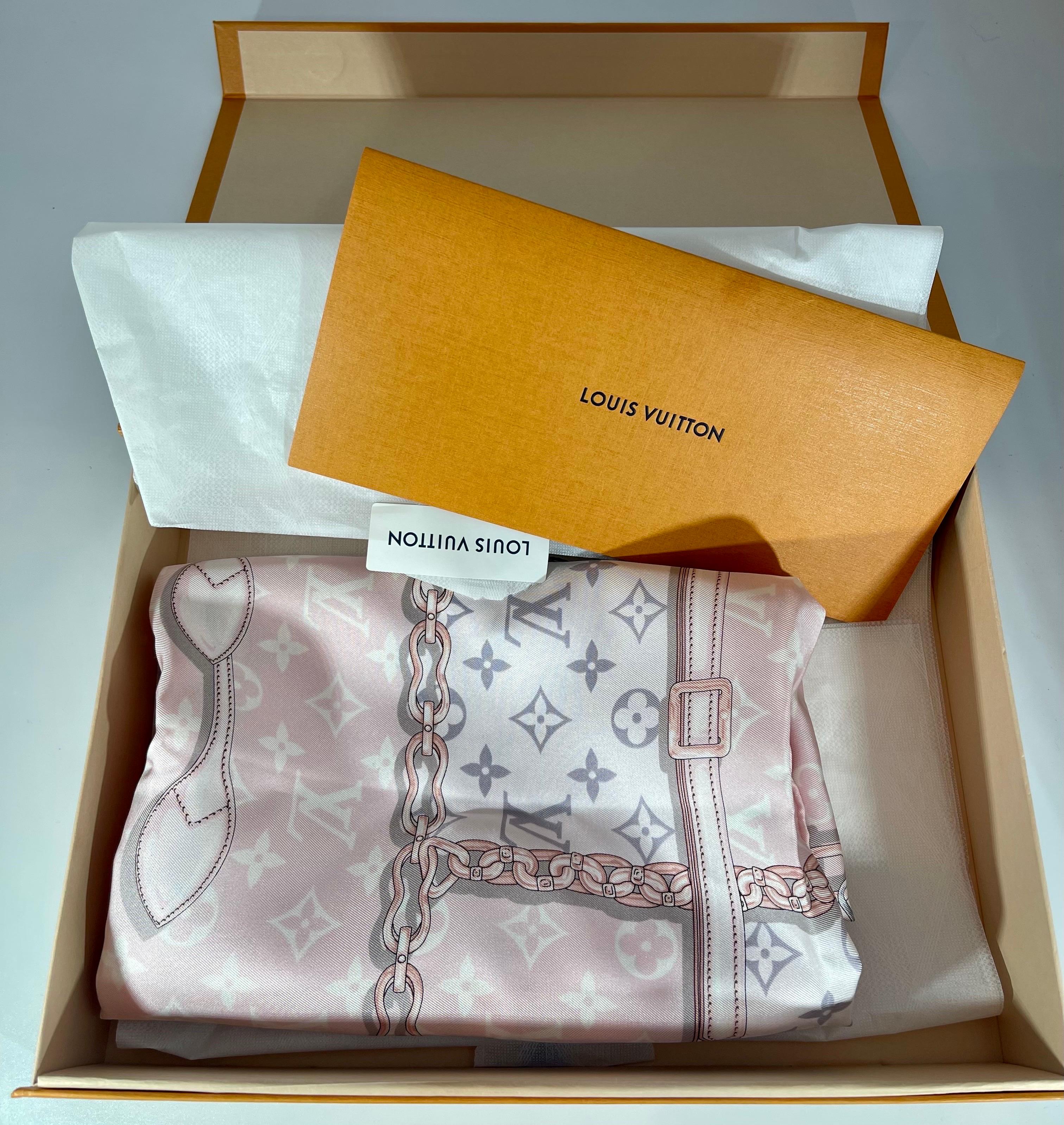 Brown Brand New Louis Vuitton Rose Ballerine  Monogram Giant Escale Silk Square Scarf  For Sale