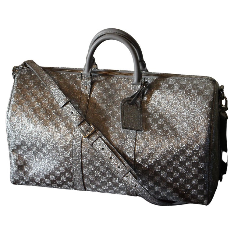 Brand New Louis Vuitton Silver Glitter Keepall 50 Bandouliere by Virgil Abloh For Sale