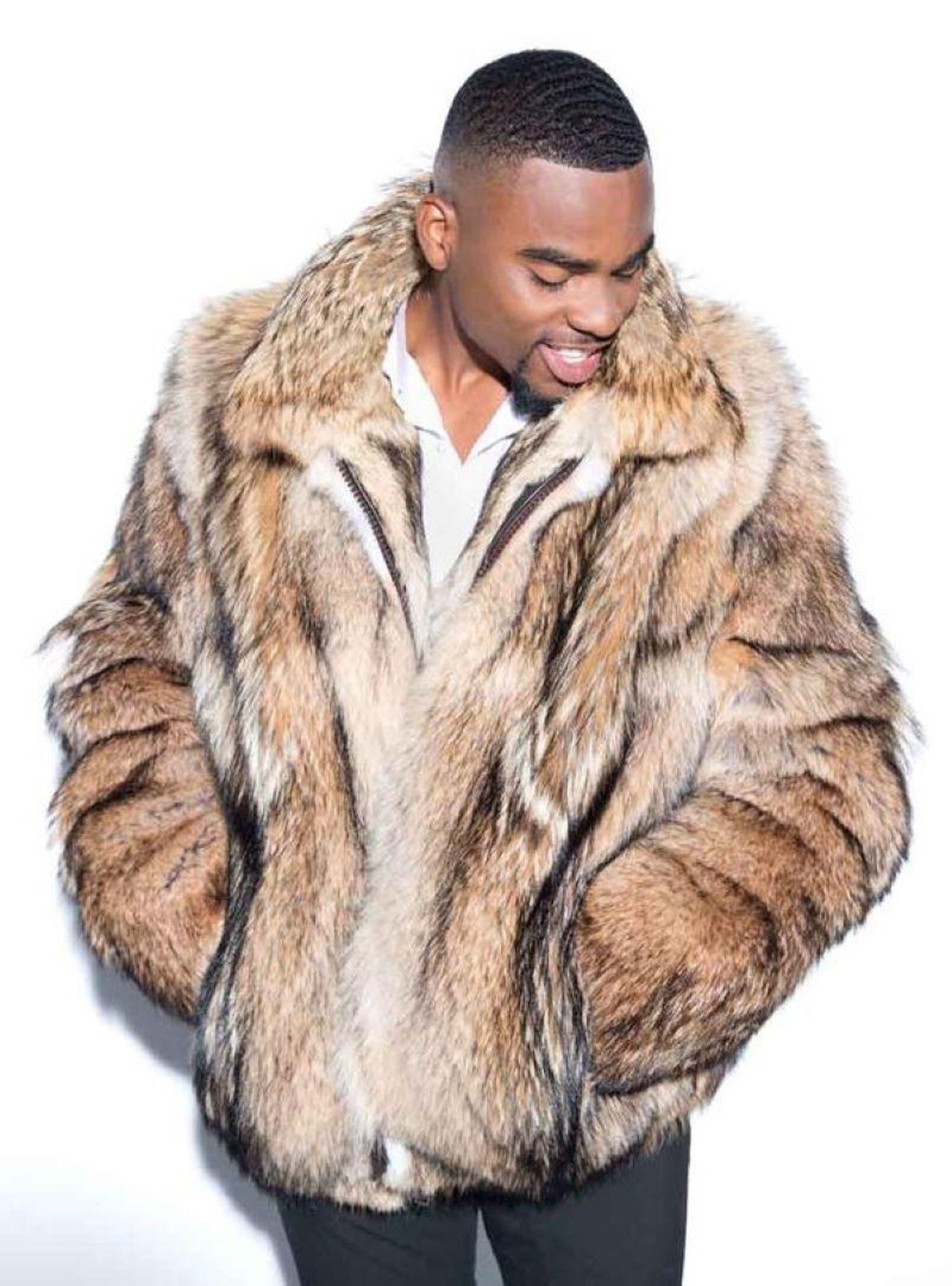 Brand new men's coyote fur coat size L For Sale at 1stDibs
